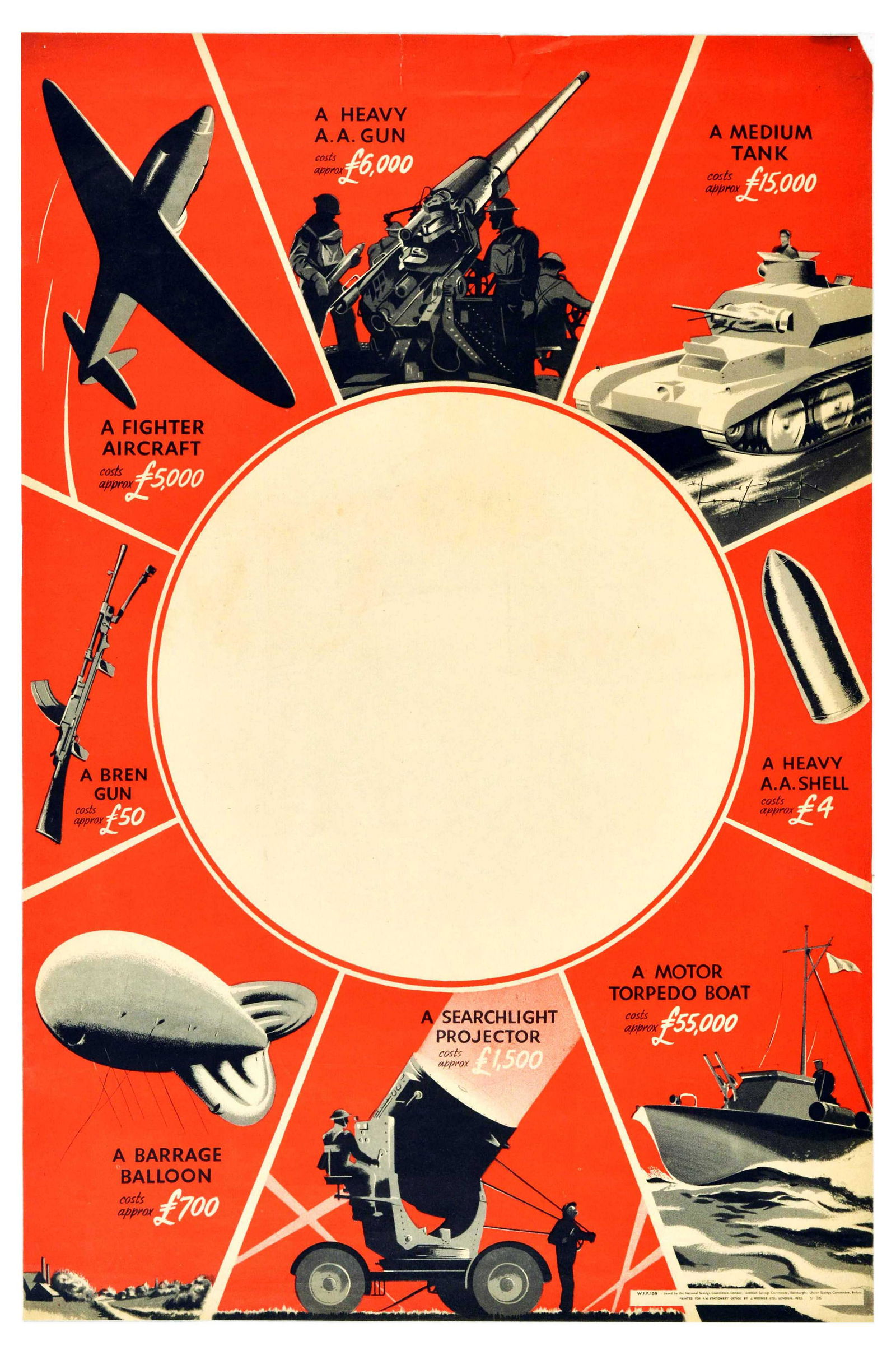 War Poster War Weapon Prices WWII Savings Committee: Original vintage World War Two poster marking war weapon prices - a fighter aircraft, a heavy A.A. gun, a medium tank, a heavy A.A. shell, a motor torpedo boat, a searchlight projector, a barrage ball