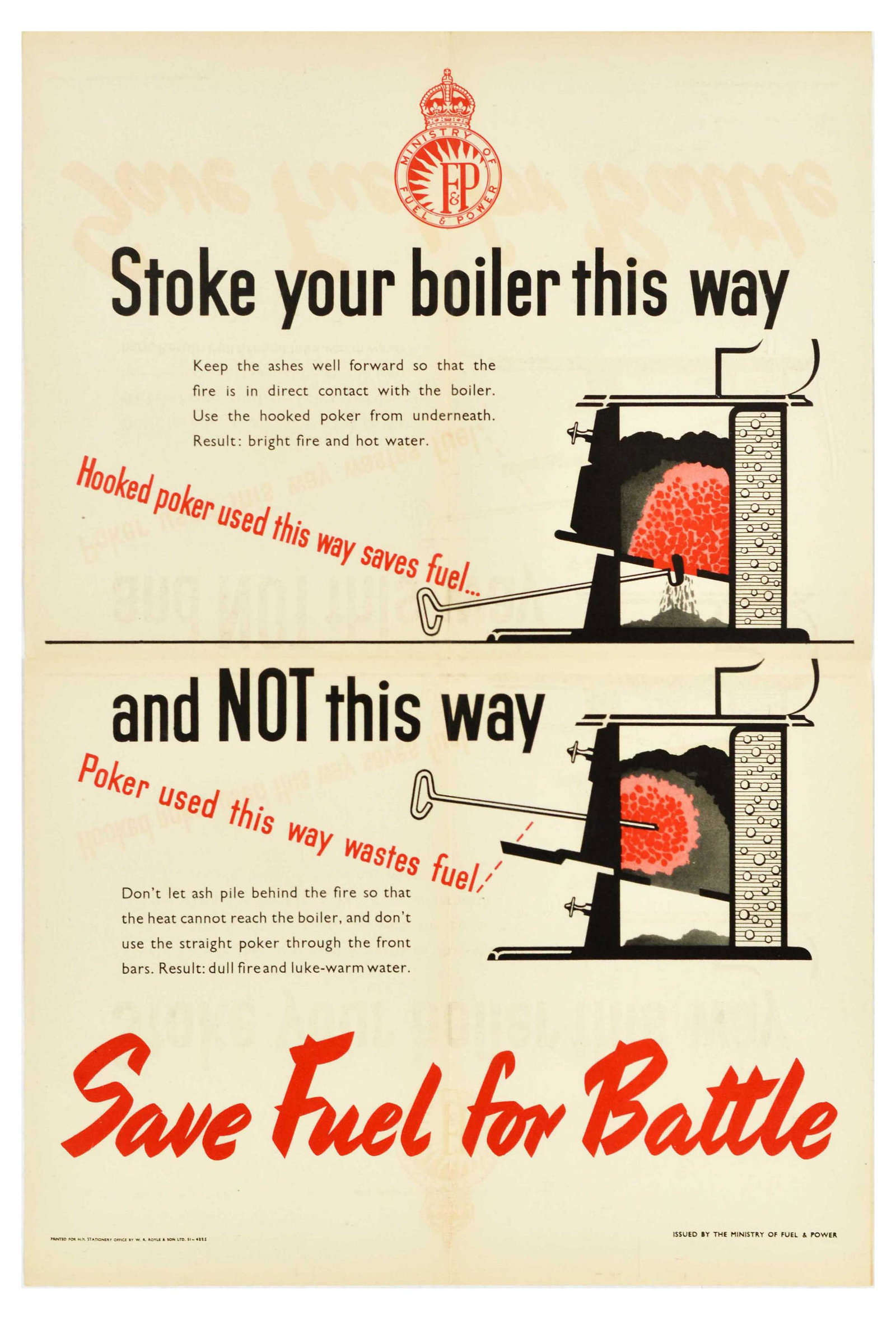 War Poster WWII Save Fuel for Battle Poker: Original vintage World War Two poster - Stoke your boiler this way - Keep the ashes well forward so that the fire is in direct contact with the boiler. Use the hooked poker from underneath. Result: br