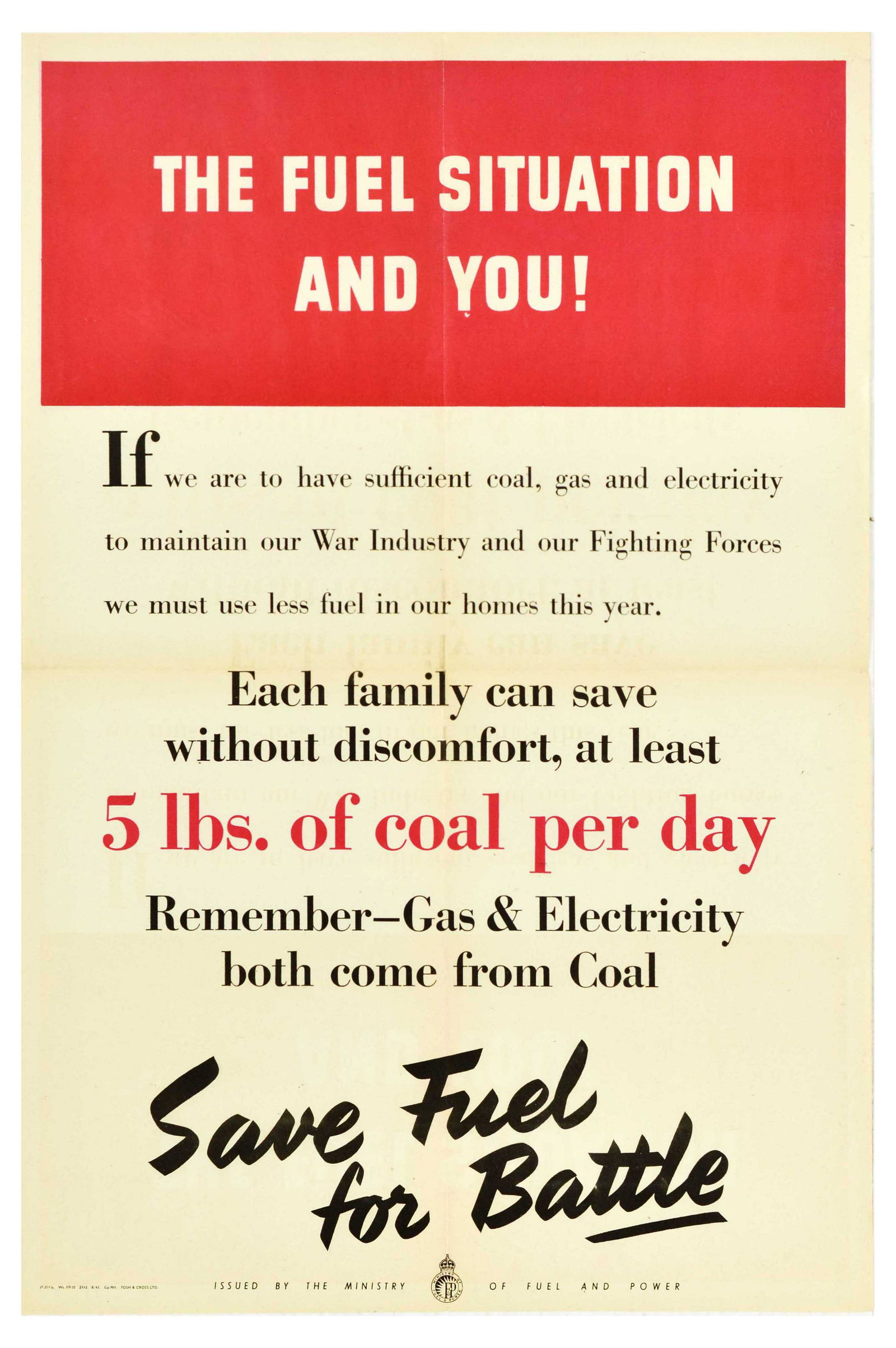 War Poster Fuel Situation and You Coal WWII: Original vintage World War Two poster - The Fuel Situation and You! If we are to have sufficient coal, gas and electricity to maintain our War Industry and our Fighting Forces we must use less fuel in