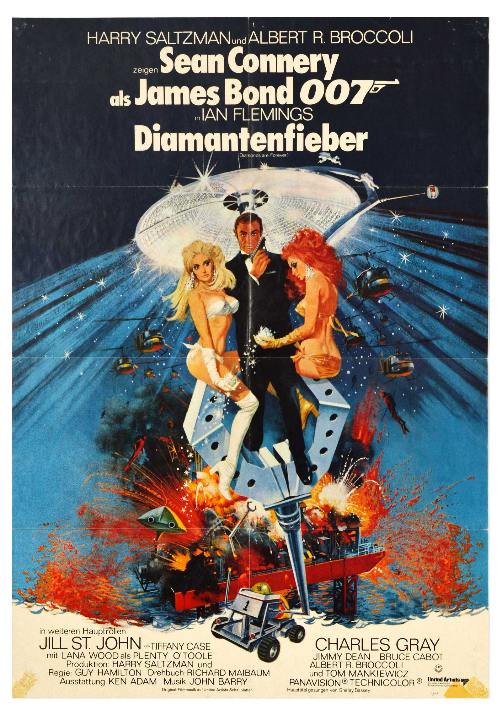Cinema Poster James Bond Diamonds Are Forever German Release: Original vintage movie poster for the German release of the classic 007 film Diamonds Are Forever starring Sean Connery as James Bond, Jill St. John as Tiffany Case, Charles Gray as Blofeld and Lana W