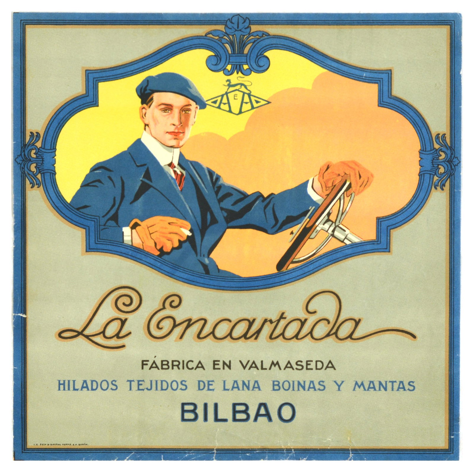 Advertising Poster Berets La Encartada Bilbao Art Deco Driver: Original vintage advertising poster La Encartada Fabrica en Valmaseda Hilados Tejidos de Lana Boinas y Mantas Bilbao / The Encartada Factory in Valmaseda. Yarn Woven Wool Berets and Blankets Bilbao, f