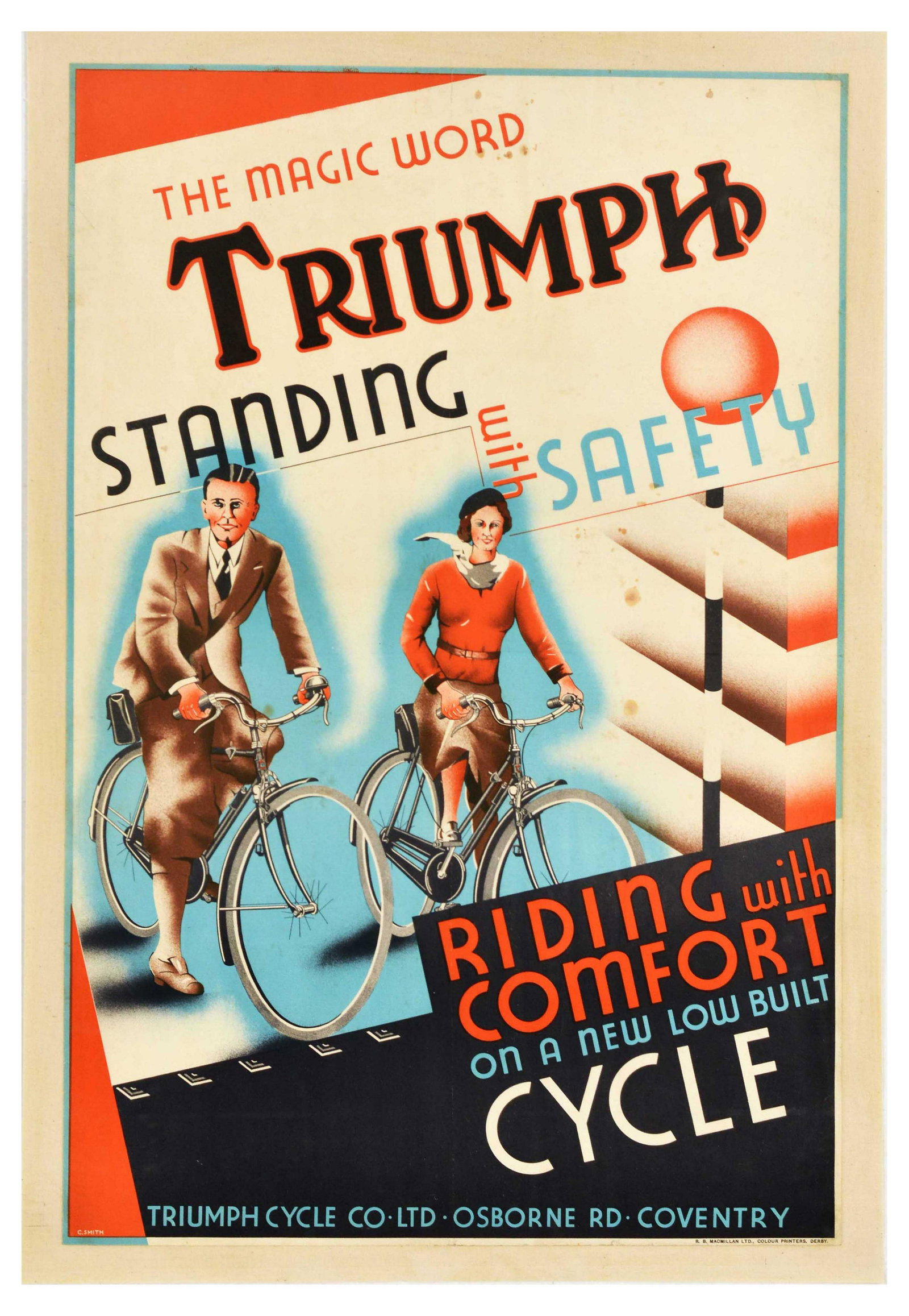 Advertising Poster Triumph Standing With Safety Bicycle Cycling Cycle: Original vintage advertising poster for Triumph Cycles - The magic word Triumph Standing with Safety. Riding with Comfort on a new low built cycle. Triumph Cycle Co Ltd Osborne Rd Coventry - featuring