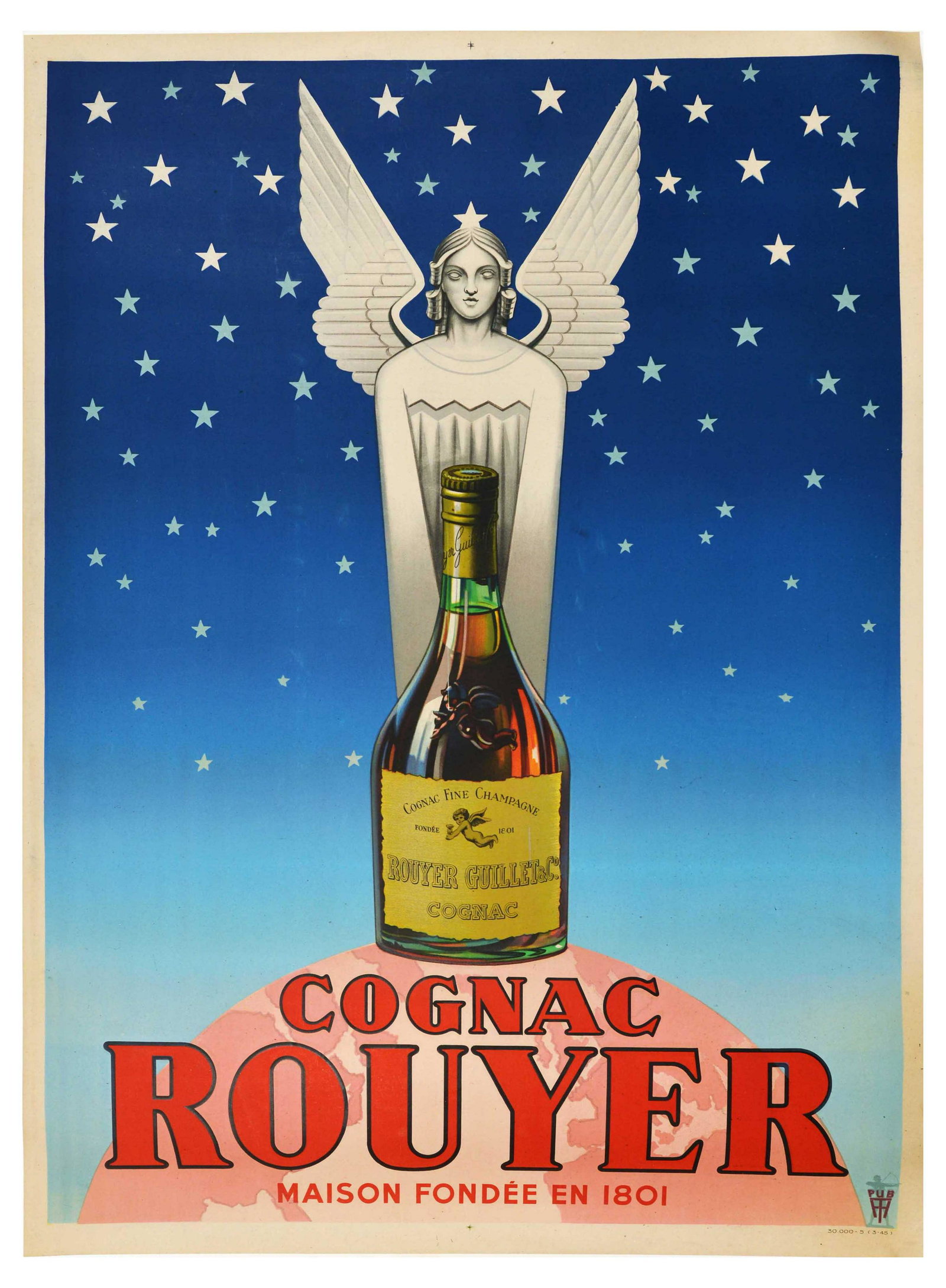 Advertising Poster Cognac Rouyer Champagne: Original vintage advertising poster for Cognac Rouyer - Design features a bottle of the Cognac Fine Champagne sitting on top of the earth with an angel looking over it and stars in the night sky above
