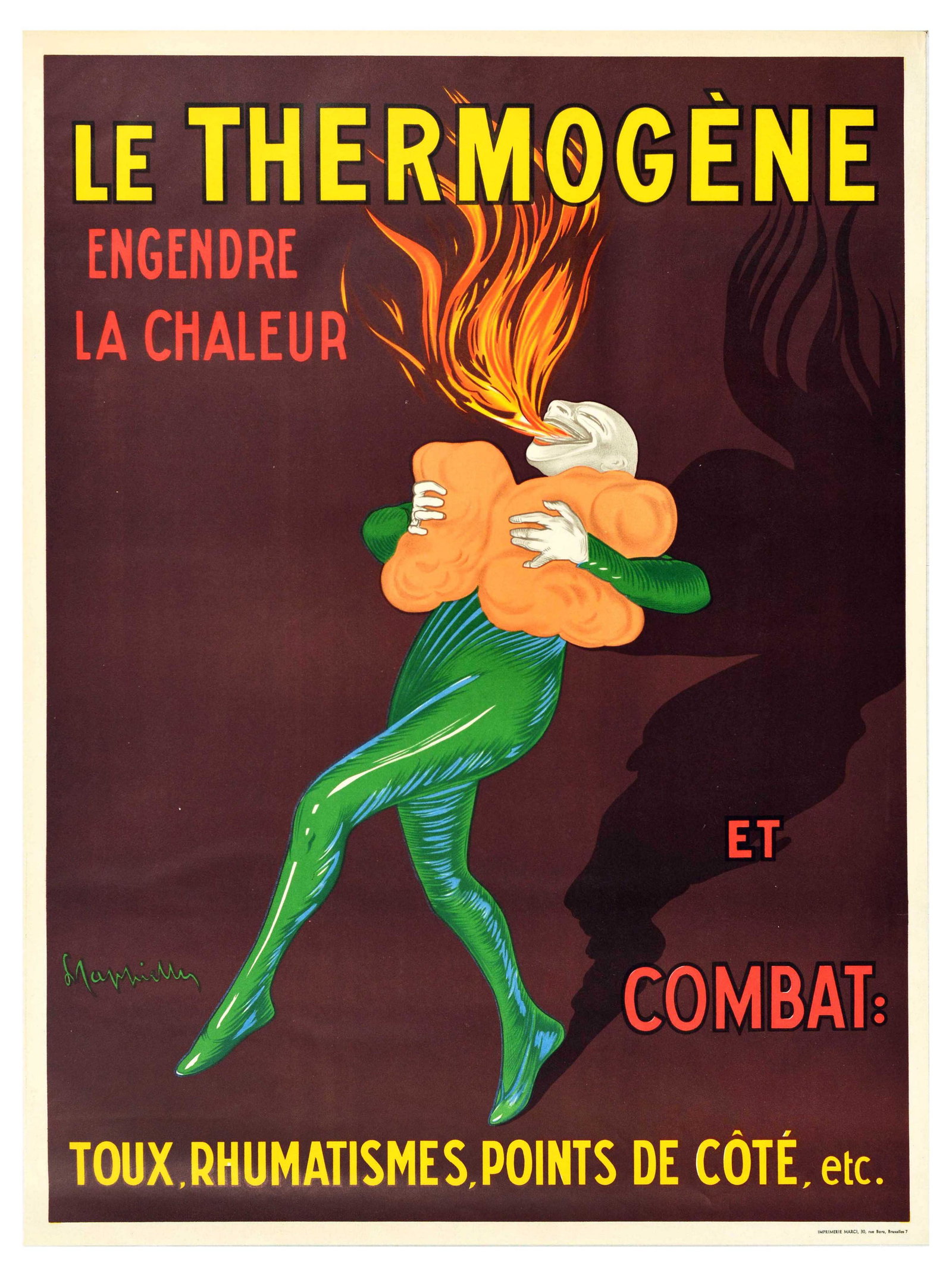 Advertising Poster Le Thermogene Leonetto Cappiello Belgium: Original vintage advertising poster by the renowned poster artist Leonetto Cappiello (1875-1942): Le Thermogene engendre la chaleur et combat toux, rhumatismes, points do cotes / Thermogene pads that 