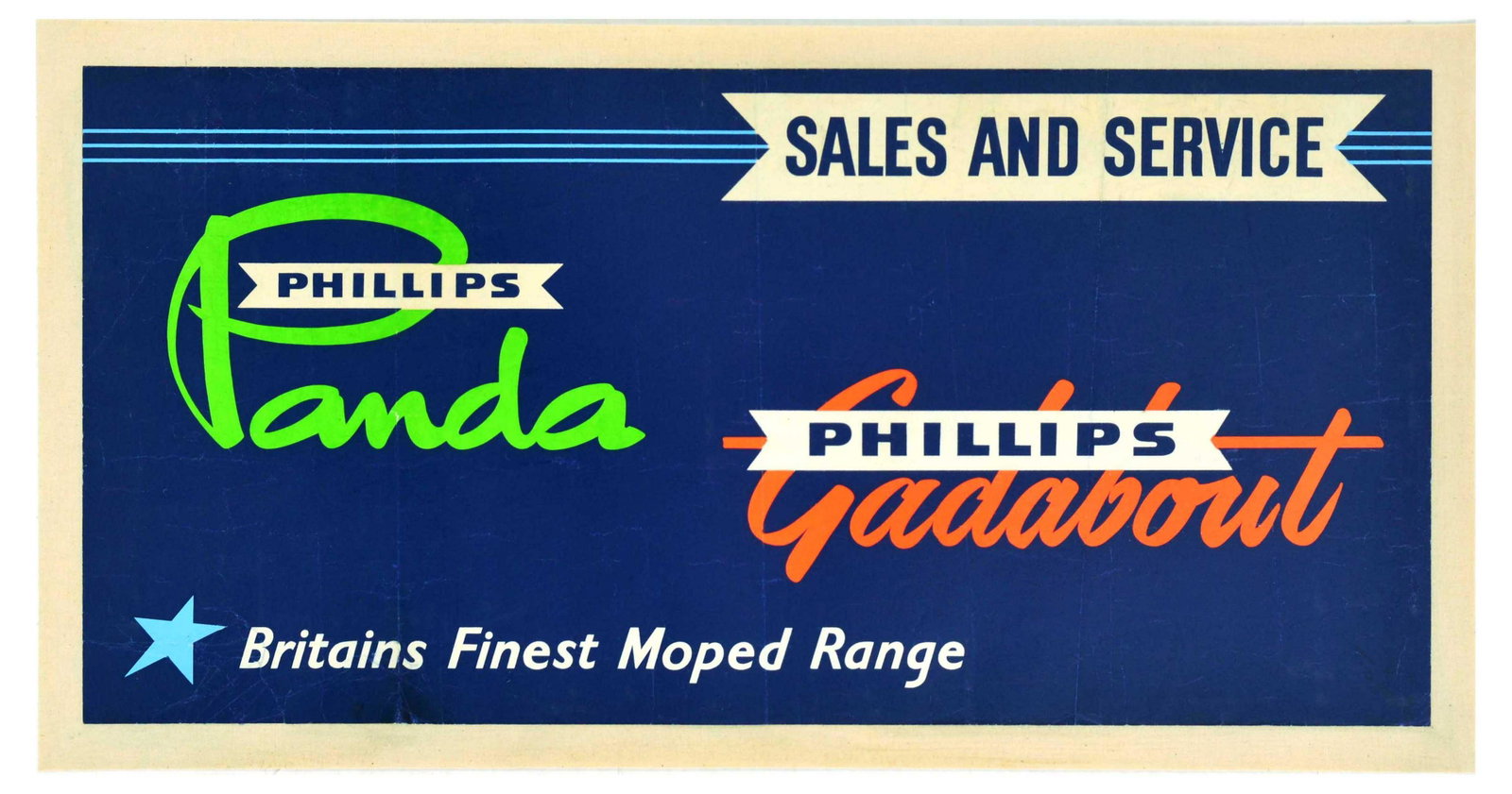 Advertising Poster Phillips Panda Gadabout Moped Britain Cycling: Original vintage advertising poster for Phillips mopeds Panda and Gadabout â€“ Britains Finest Moped Range - Sales and Service - featuring lettering in green, orange, and white colours on blue ba