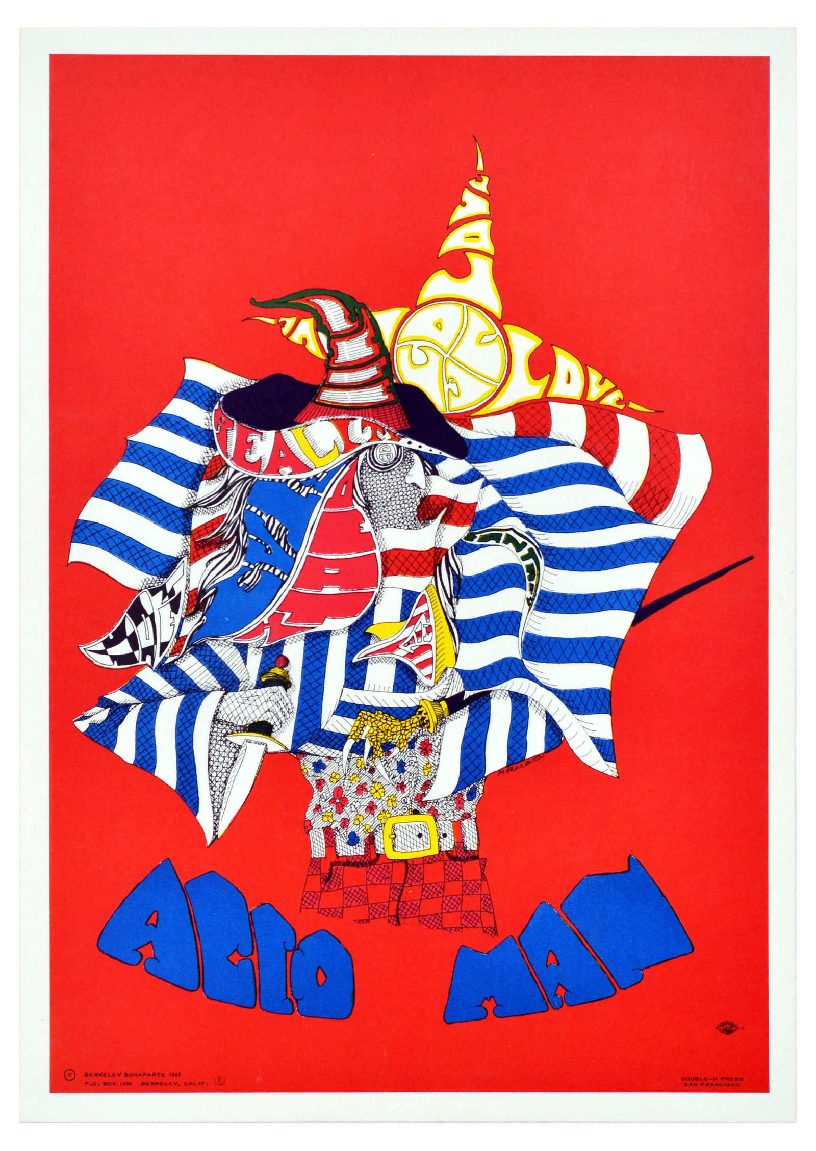 Advertising Poster Acid Man Psychedelic Love Dagger Claw: Original vintage advertising poster Acid Man by Berkeley Bonaparte featuring a psychedelic colourful illustration of a man in blue and white jacket, floral print shirt, chequered trousers, holding a d
