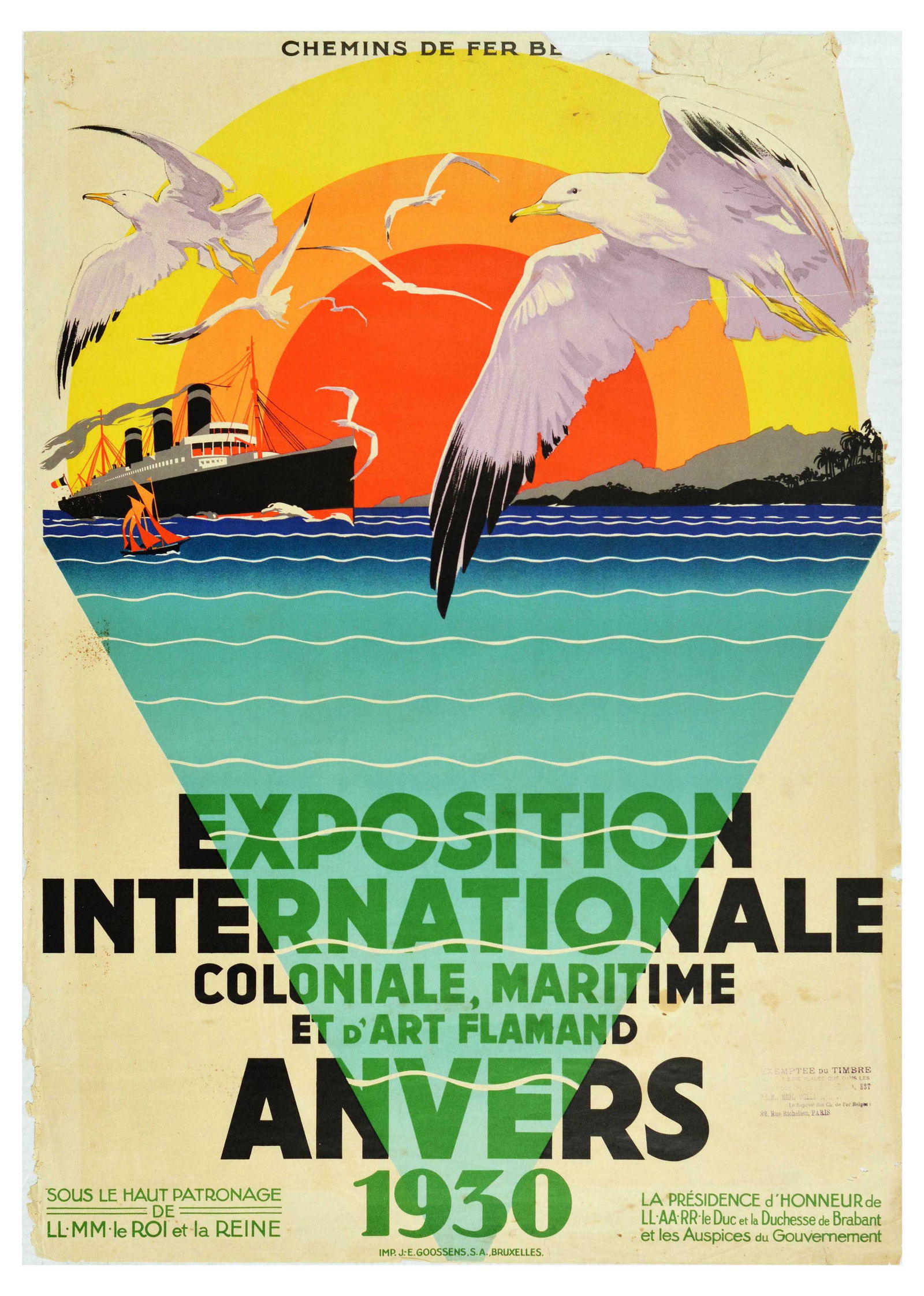 Travel Poster Colonial Maritime Art Deco Flemish Art Exhibition Antwerp 1930: Original vintage Art Deco travel advertising poster by Chemins de Fer Belgique Belgian railways for International Colonial, Maritime and Flemish Art Exhibition Antwerp 1930 / Exposition Internationale