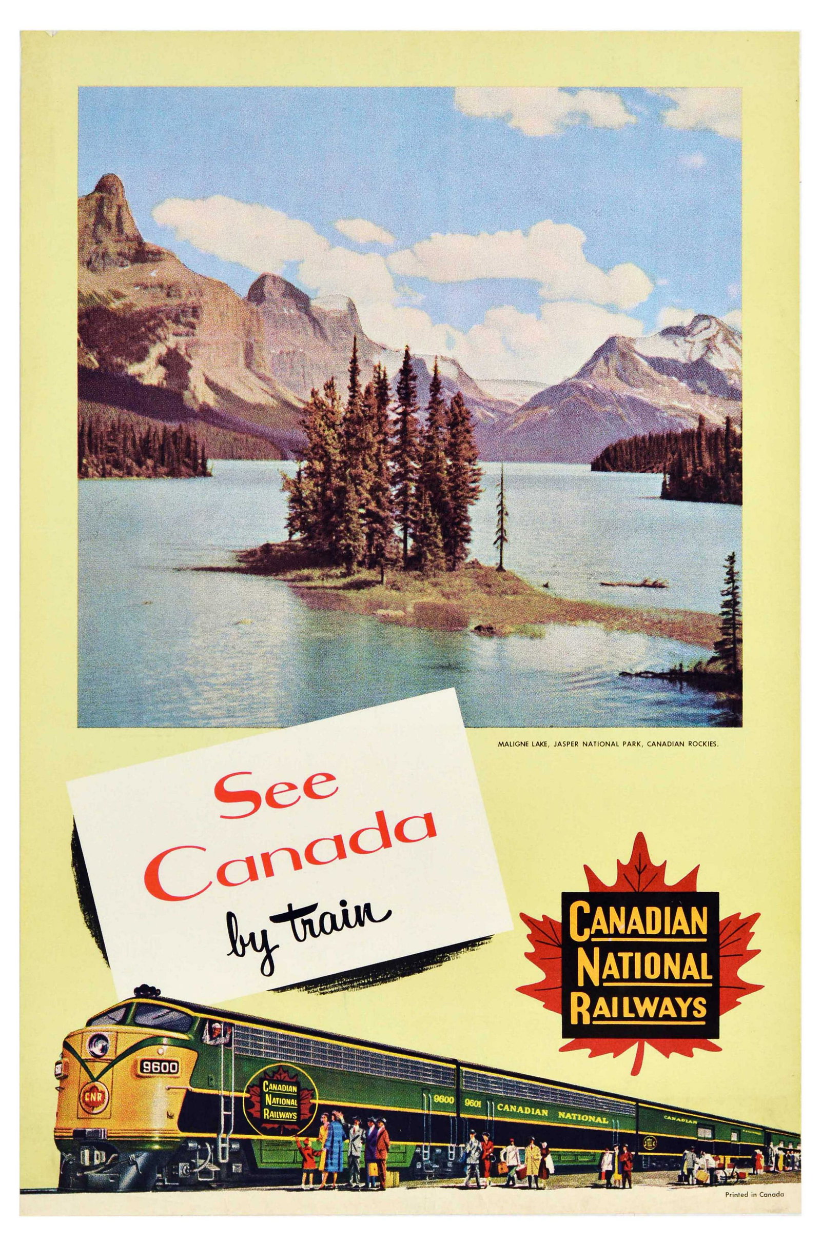 Travel Poster Canada Canadian National Railways Rockies Jasper Park Maligne Railway CNR: Original vintage travel poster - See Canada by train. Canadian National Railways - featuring a photograph of trees on the Maligne lake in Jasper National Park surrounded by the Canadian Rockies, with