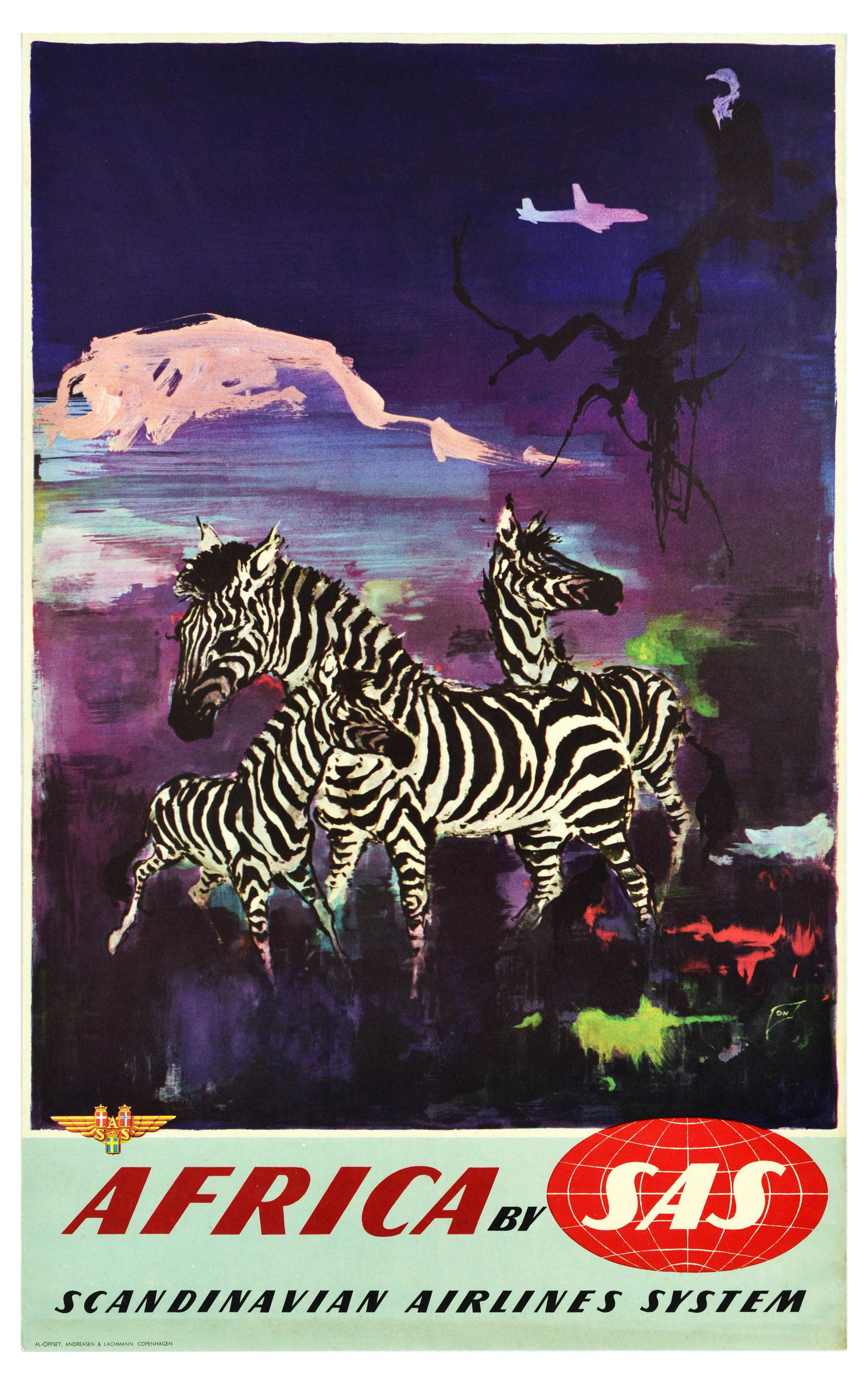 Travel Poster Africa Zebras SAS Scandinavian Airlines Nielsen: Original vintage travel poster for Africa issued by SAS Scandinavian Airlines System featuring a colourful design by Otto Nielsen (1916-2000) of zebras against a purple night sky with a vulture sittin