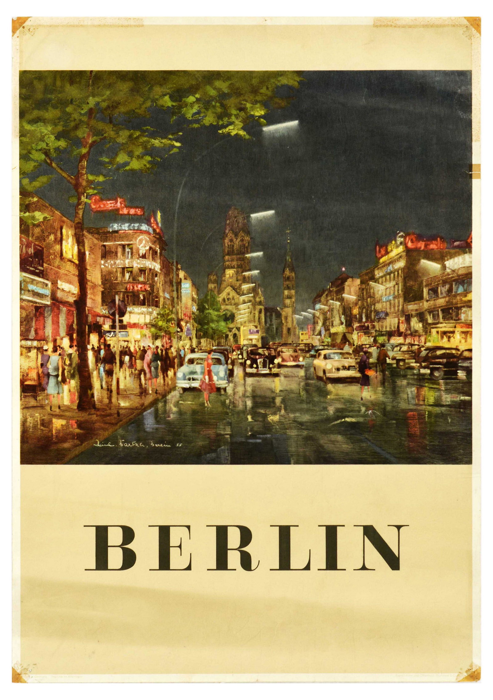 Travel Poster Berlin Germany Kurfurstendamm Reinhard Bartsch: Original vintage travel poster for Berlin Germany featuring a scenic view along the city's popular Kurfurstendamm avenue on a rainy night with the historic Kaiser Wilhelm Memorial Church / Kaiser-Wilh