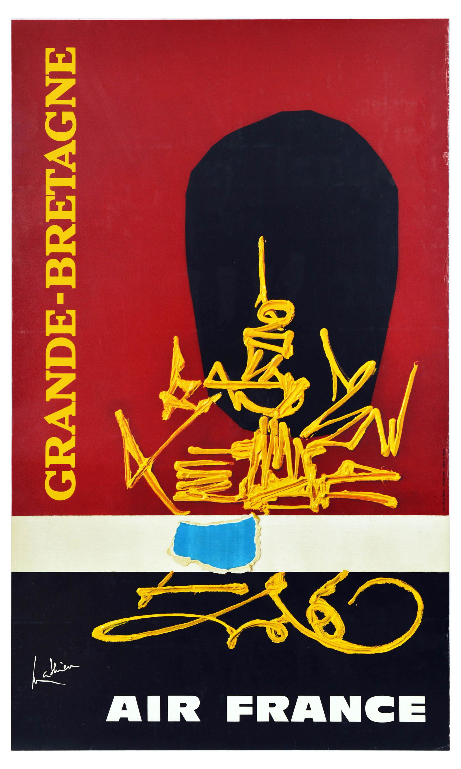 Travel Poster Air France Great Britain Grande Bretagne Abstract Royal Guard: Original vintage travel poster Grande-Bretagne / Great Britain by Air France, featuring a stylised abstract illustration by Georges Mathieu (1921-2012) of golden, blue, white, red and black shapes mim
