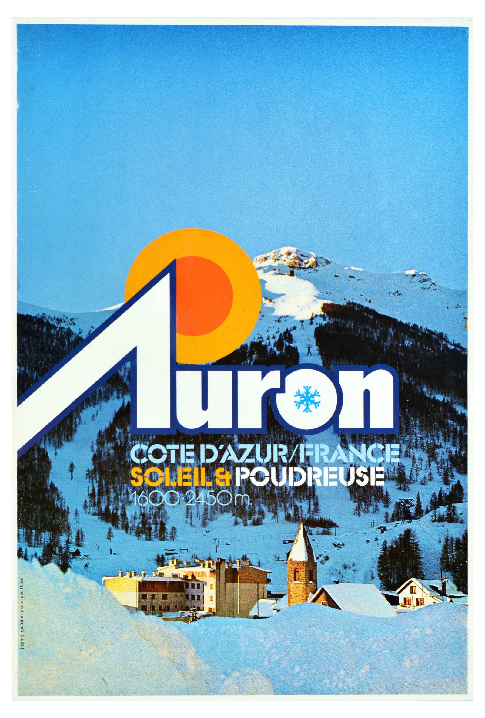Travel Poster Auron Cote d'Azur Ski France Riviera Sun Winter Sports: Original vintage travel and skiing sport poster for Auron Cote d'Azur France Soleil & Poudreuse / Sun & Powder 1600-2450m, featuring a photograph over a valley with a resort, church and house roofs wi