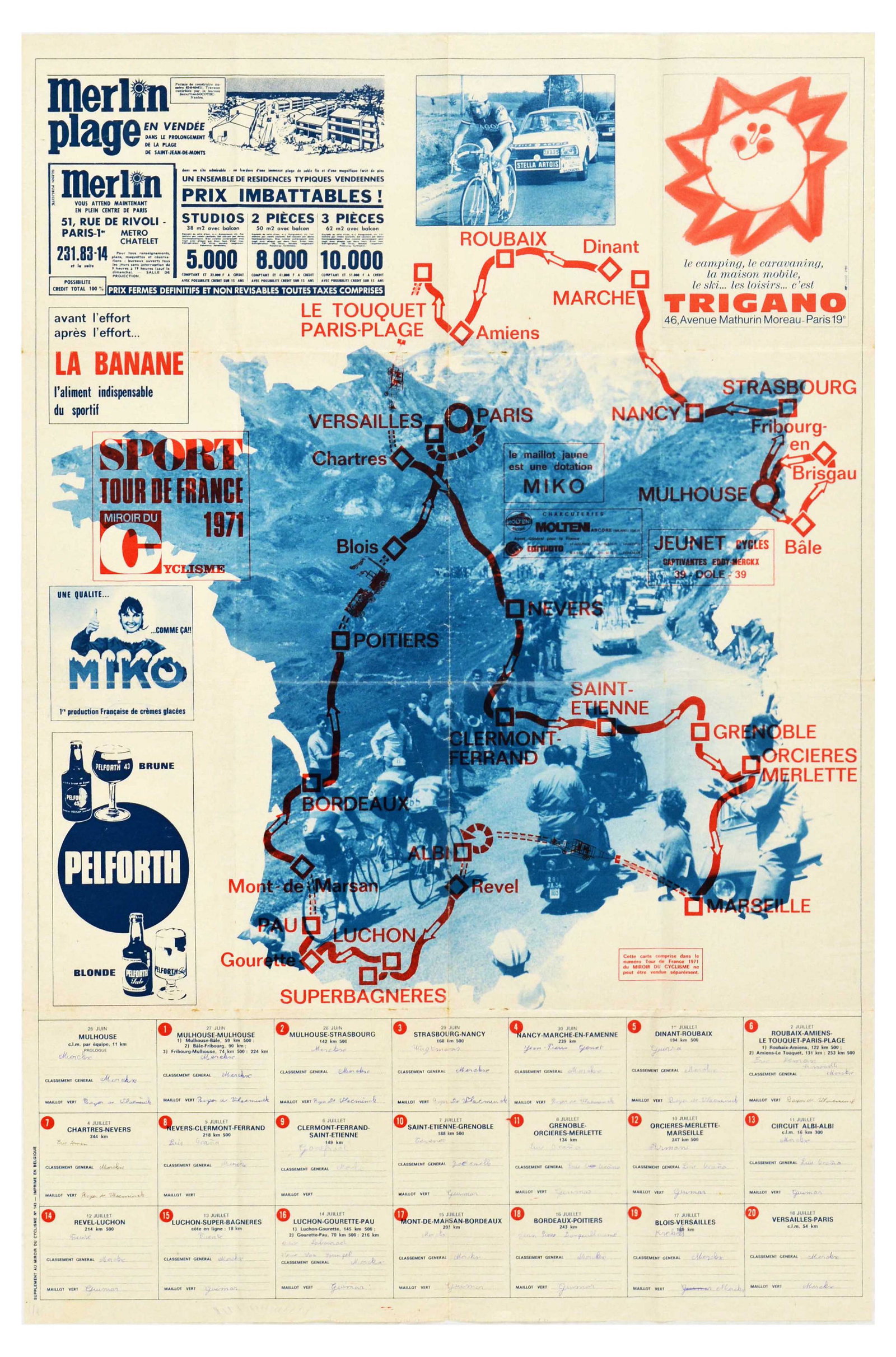 Sport Poster Tour De France 1971 Map Cycling Merckx: Original vintage sport poster featuring the map of Tour de France 1971, advertising for Merlin Plage, camping, caravanning with Trigano, Miko ice cream, blonde Pelforth beer, schedule and timing recor