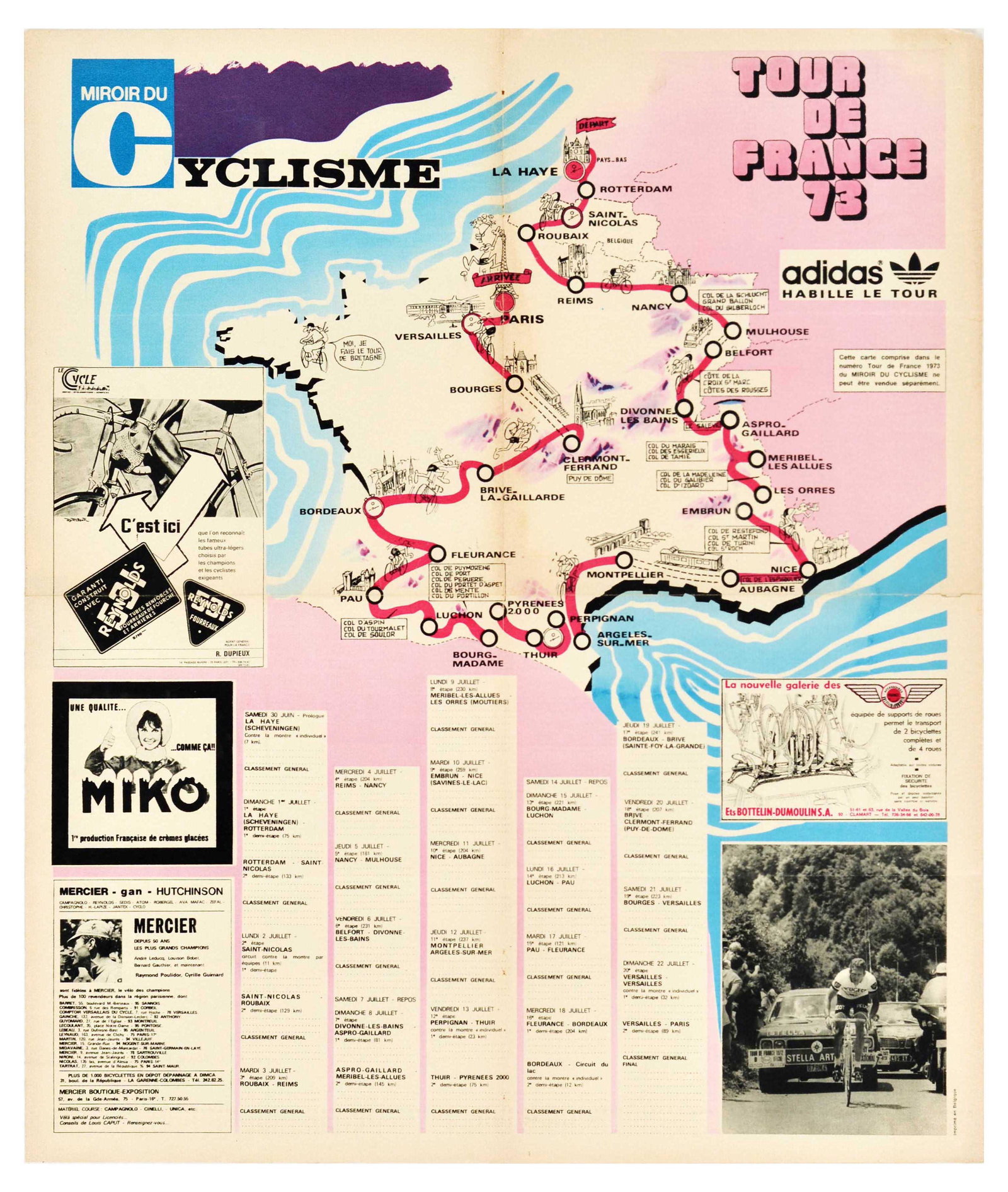 Sport Poster Tour De France 1973 Cycling: Original vintage sport poster for Tour de France 73 from Miroir du Cyclisme magazine, featuring a map of France with the cycling route marked on it with red lines, marking 20 stages of the race that t