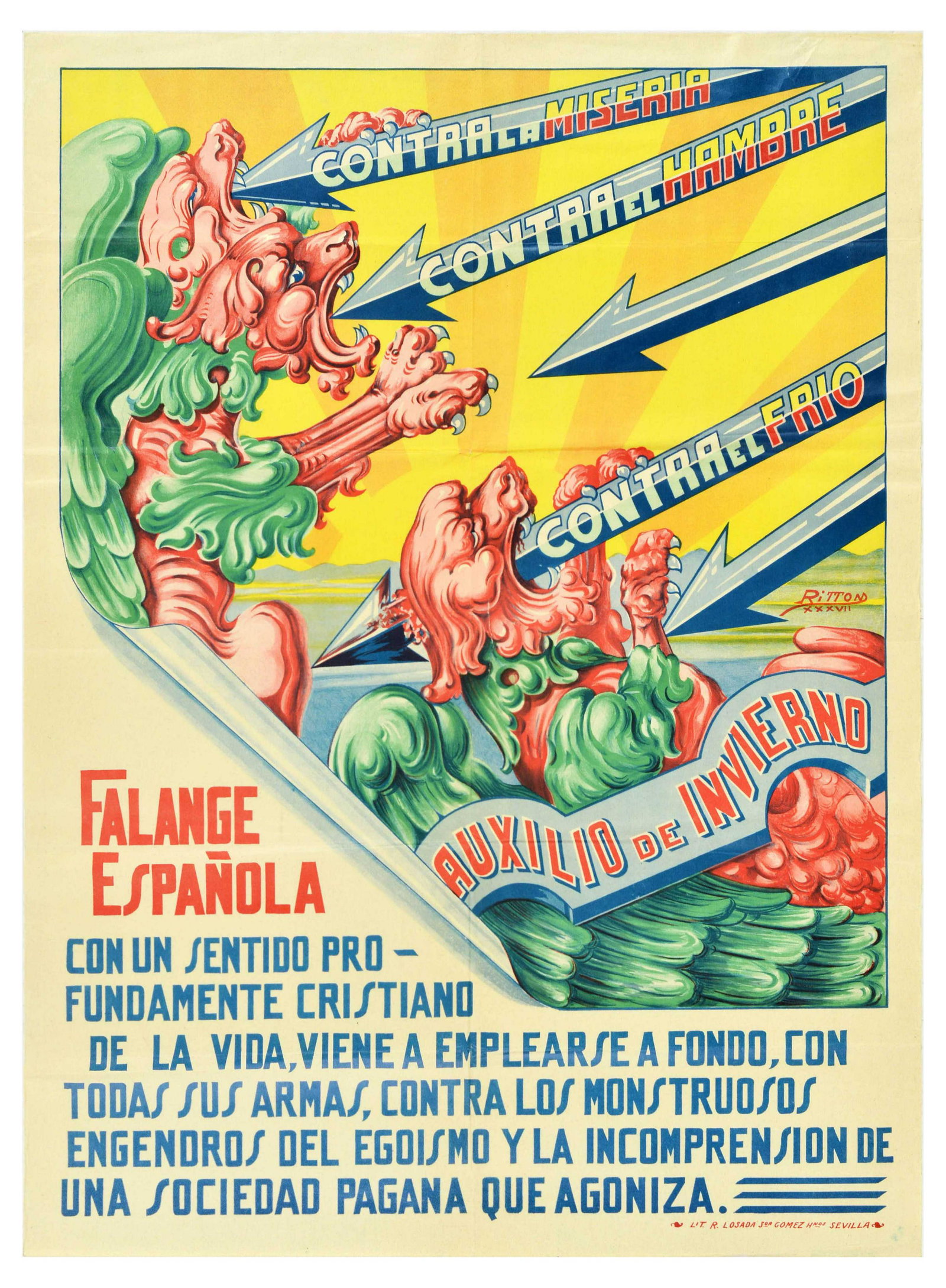 Propaganda Poster Falange Espanola Spanish Civil War Fascist: Original vintage Spanish Civil War Fascist propaganda poster by Falange Espanola - with a deeply Christian sense of life, comes to be used thoroughly, with all its weapons, against the monstrous monst