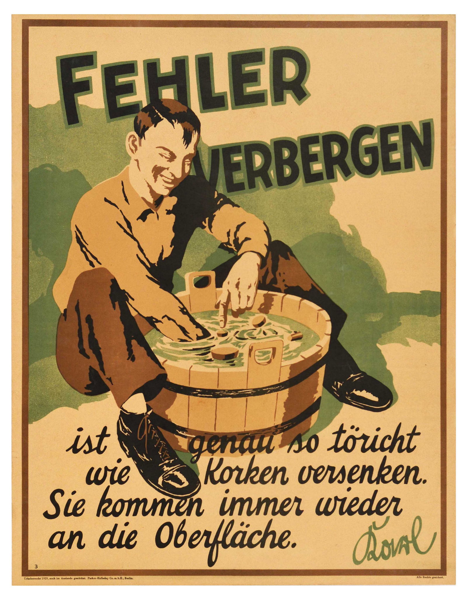 Propaganda Poster Hiding Mistakes Doval Motivation Fehler Verbergen Parker Holladay: Original vintage German motivational workplace poster issued by Parker-Holladay company in Berlin. Doval was a German equivalent of Bill Jones that was created in the UK by Parker-Holladay to promote 