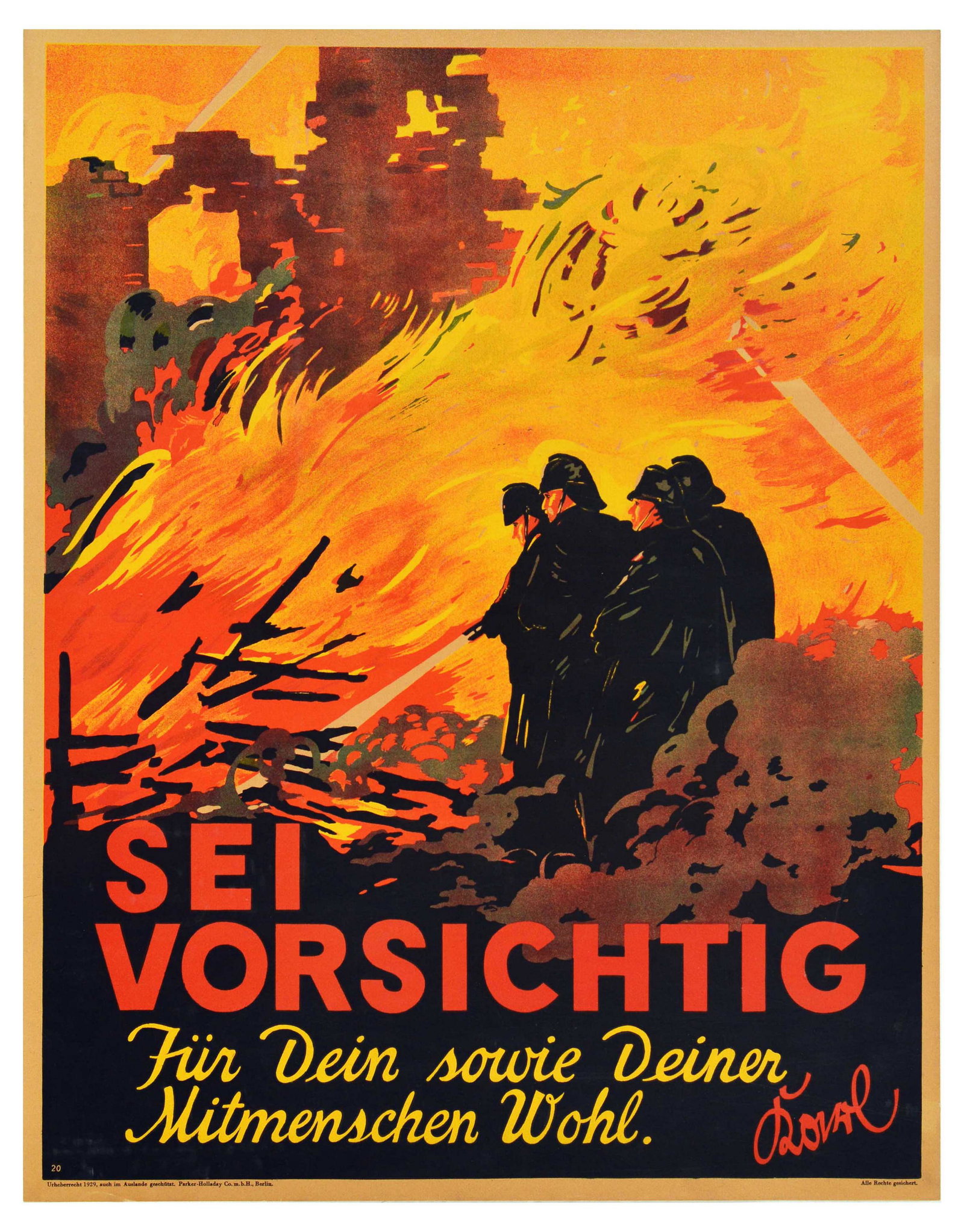 Propaganda Poster Be Careful Fire Safety Sei Vorsichtig Doval Motivation Parker Holladay: Original vintage German motivational workplace poster issued by Parker-Holladay company in Berlin. Doval was a German equivalent of Bill Jones that was created in the UK by Parker-Holladay to promote 