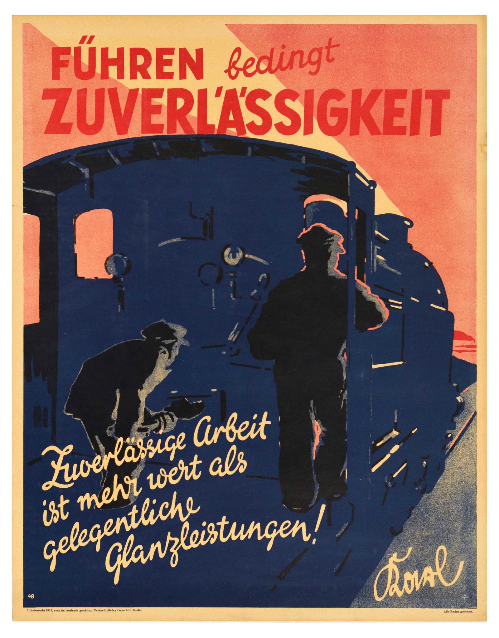 Propaganda Poster Reliable Work Doval Motivation Parker Holladay Fuhren bedingt Zuverlassigkeit: Original vintage German motivational workplace poster issued by Parker-Holladay company in Berlin. Doval was a German equivalent of Bill Jones that was created in the UK by Parker-Holladay to promote 