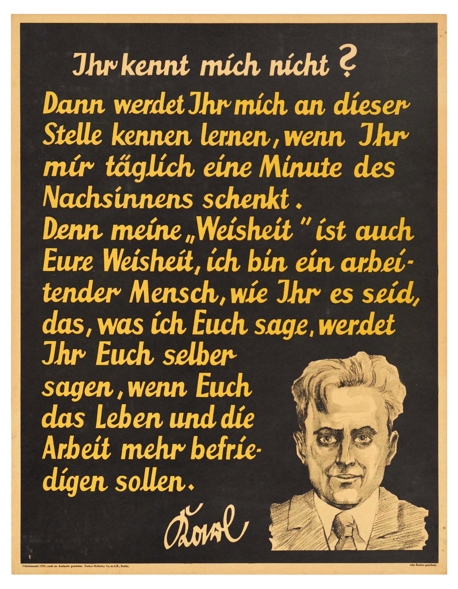 Propaganda Poster You Don't Know Me Doval Motivation Parker Holladay Ihr Kennt Mich Nicht: Original vintage German motivational workplace poster issued by Parker-Holladay company in Berlin. Doval was a German equivalent of Bill Jones that was created in the UK by Parker-Holladay to promote 