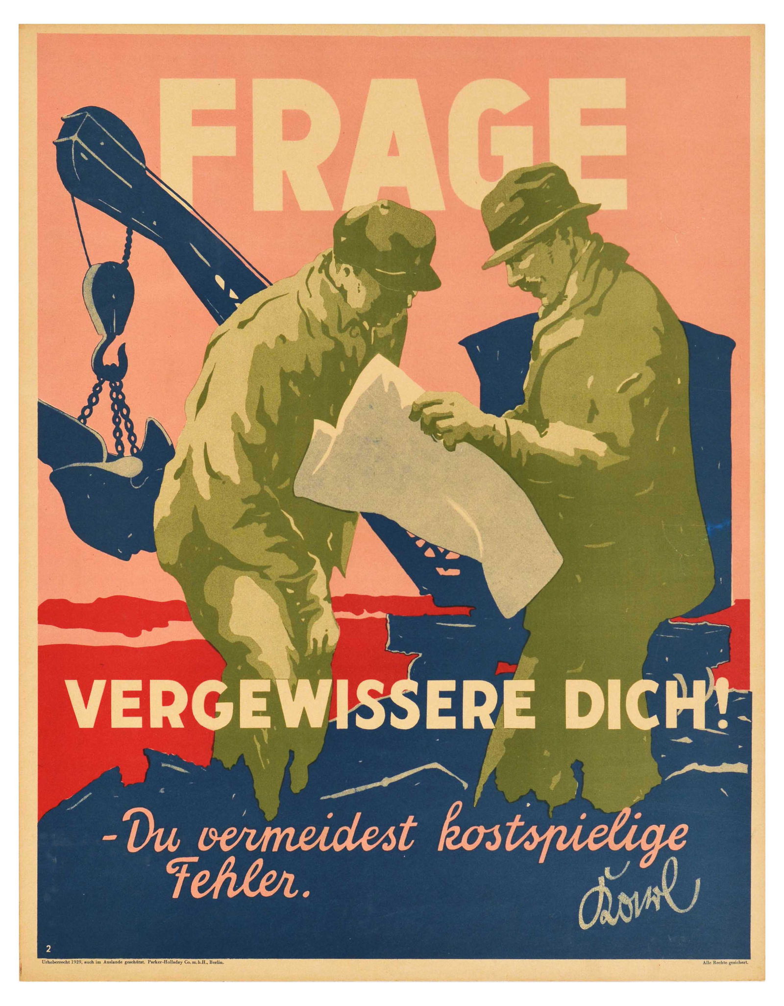 Propaganda Poster Ask Avoid Mistakes Frage Doval Motivation Parker Holladay: Original vintage German motivational workplace poster issued by Parker-Holladay company in Berlin. Doval was a German equivalent of Bill Jones that was created in the UK by Parker-Holladay to promote