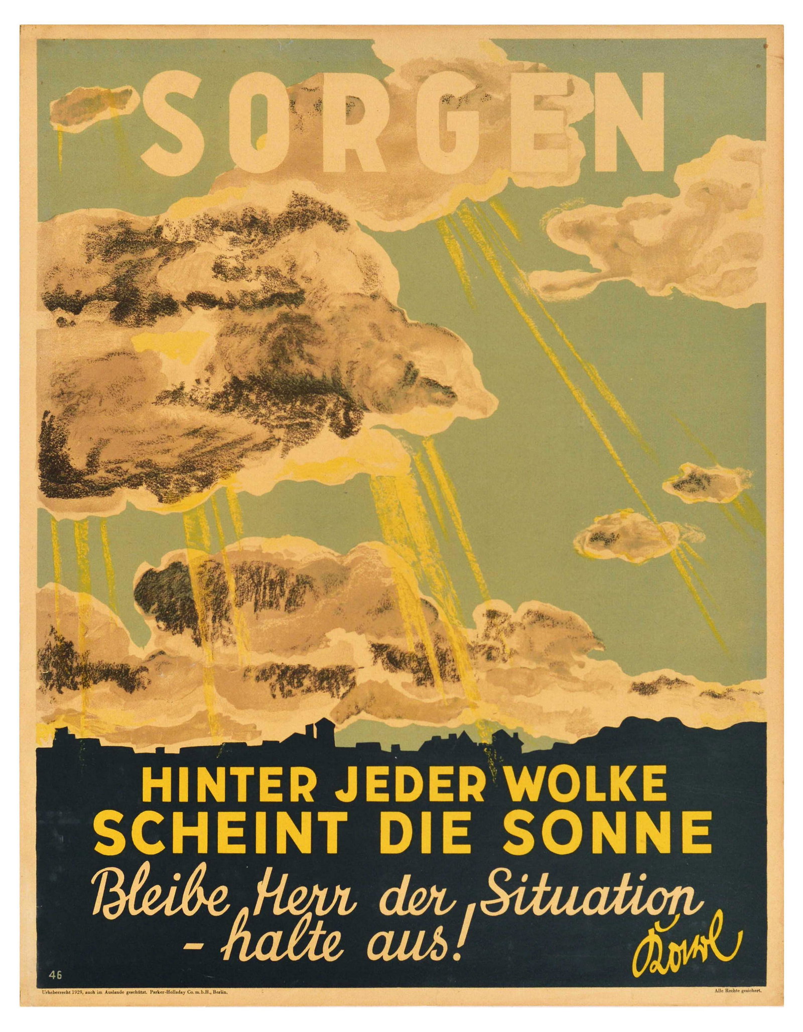 Propaganda Poster Take Care Sorgen Sunshine Doval Motivation Parker Holladay: Original vintage German motivational workplace poster issued by Parker-Holladay company in Berlin. Doval was a German equivalent of Bill Jones that was created in the UK by Parker-Holladay to promote 