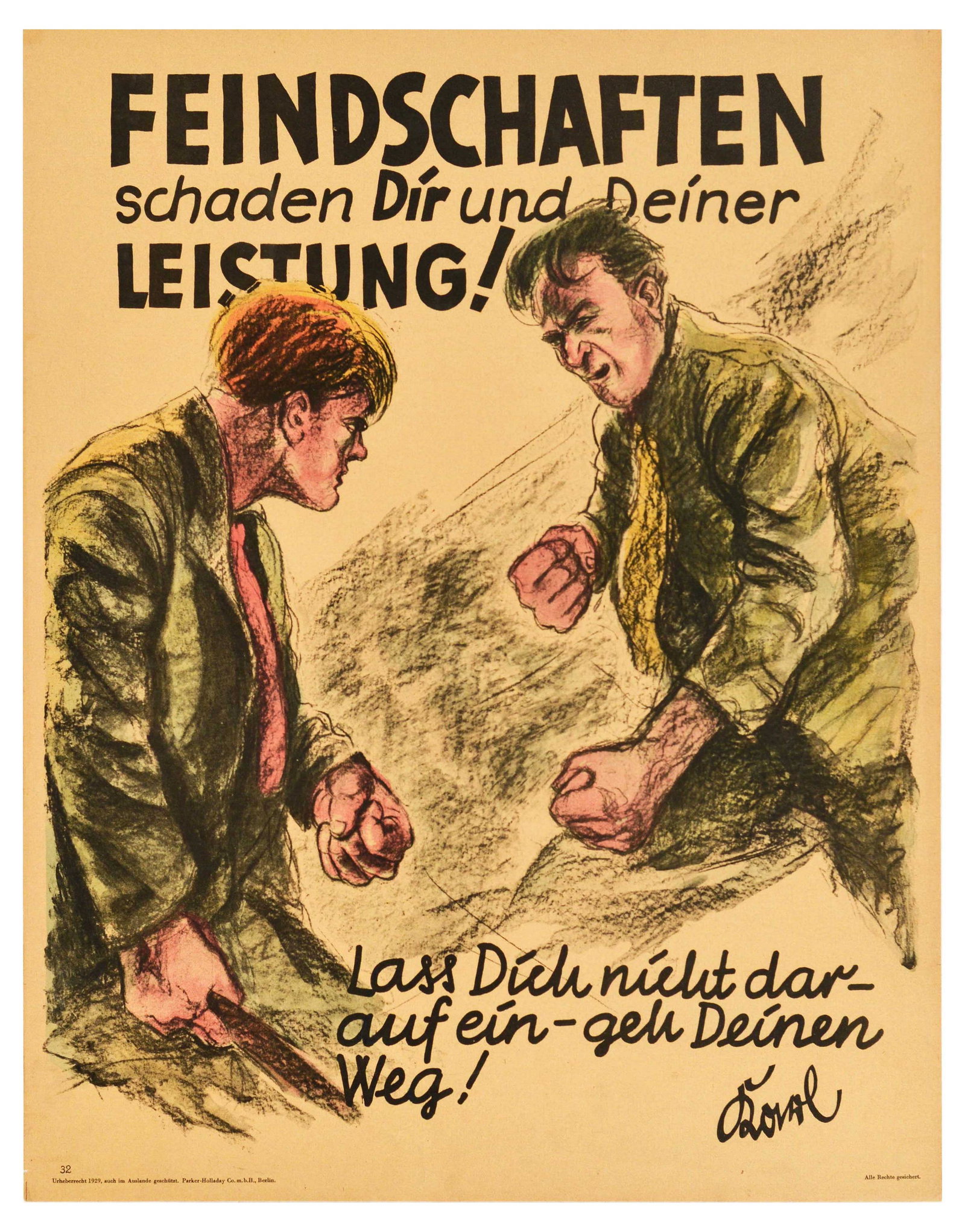 Propaganda Poster Enmities Damage Performance Feindschaften Doval Motivation Parker Holladay: Original vintage German motivational workplace poster issued by Parker-Holladay company in Berlin. Doval was a German equivalent of Bill Jones that was created in the UK by Parker-Holladay to promote 