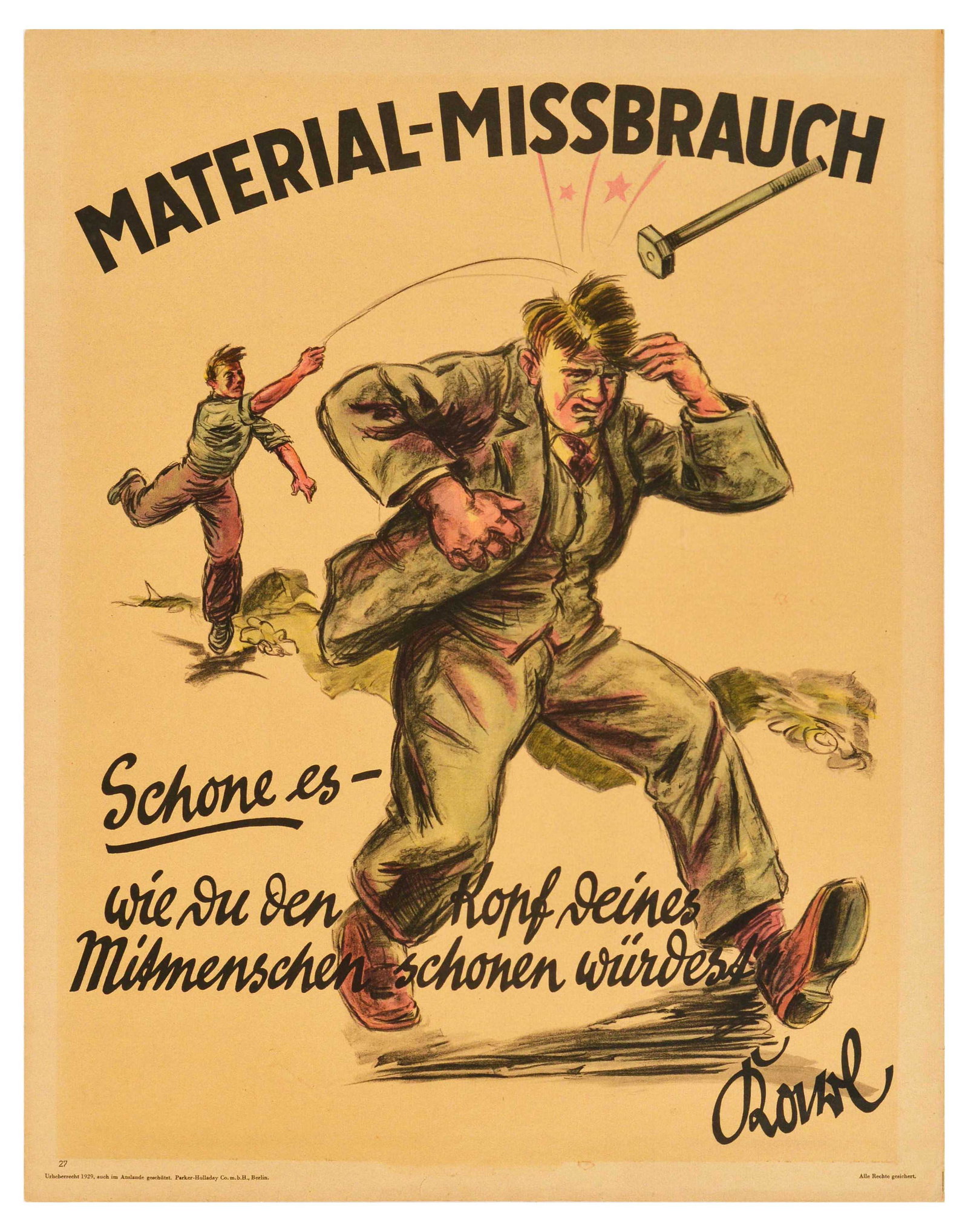 Propaganda Poster Material Abuse Missbrauch Doval Motivation Parker Holladay: Original vintage German motivational workplace poster issued by Parker-Holladay company in Berlin. Doval was a German equivalent of Bill Jones that was created in the UK by Parker-Holladay to promote 