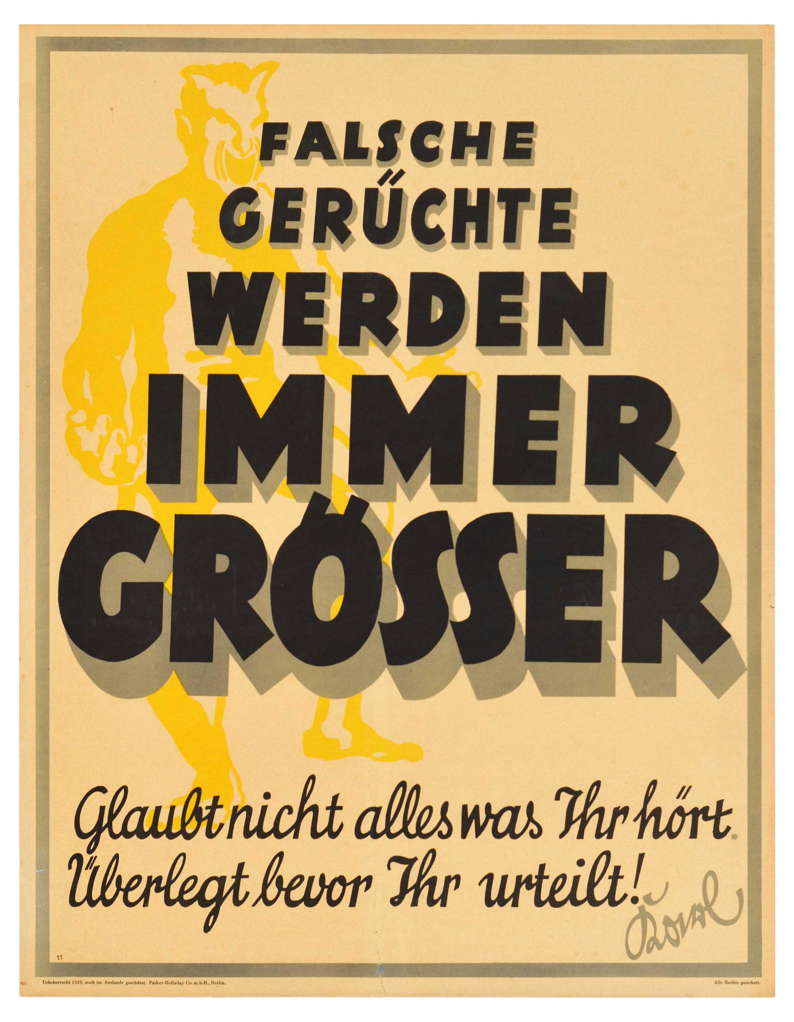 Propaganda Poster False Rumours Falsche Geruchte Werden Immer Grosser Doval Motivation Parker: Original vintage German motivational workplace poster issued by Parker-Holladay company in Berlin. Doval was a German equivalent of Bill Jones that was created in the UK by Parker-Holladay to promote 