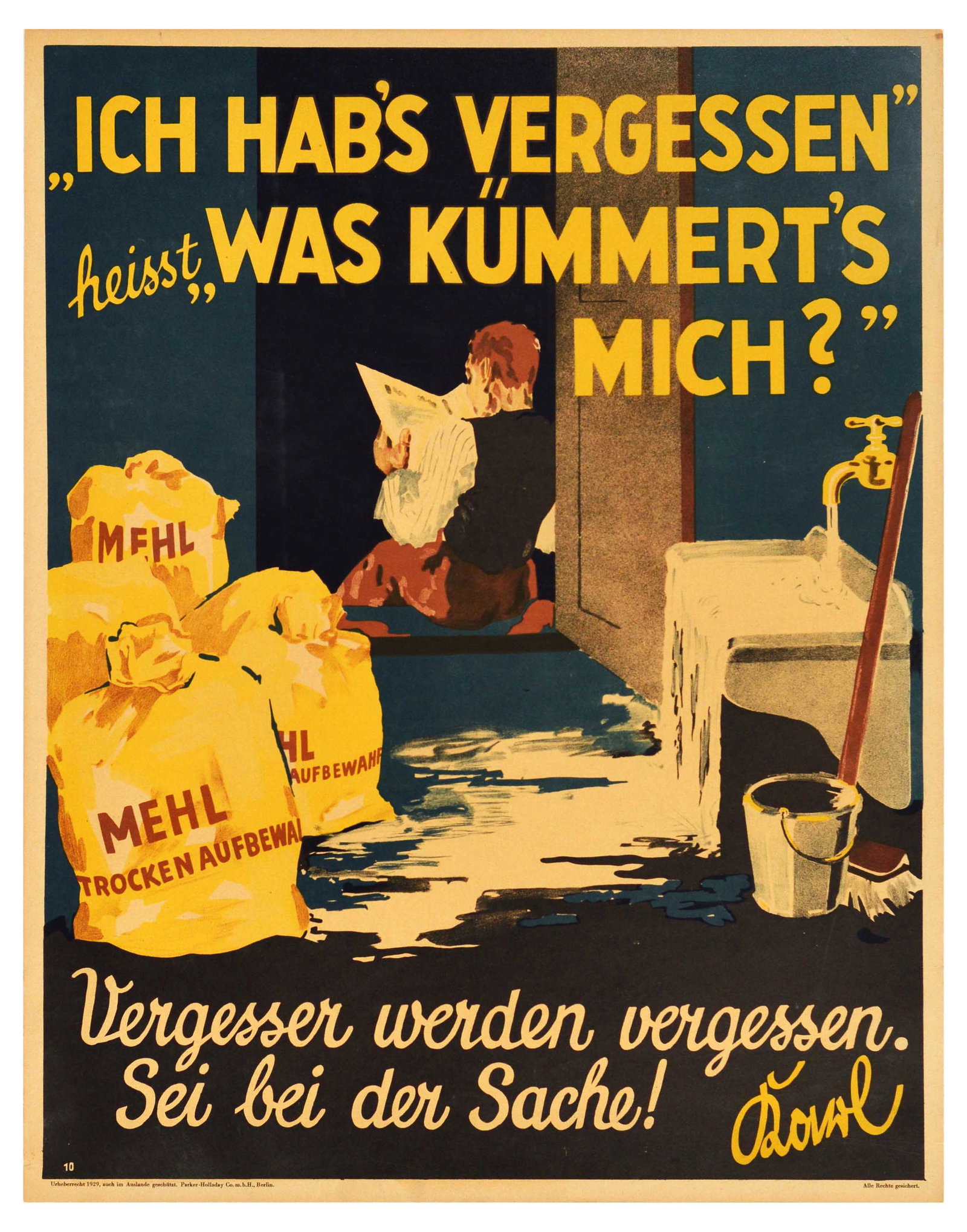 Propaganda Poster I Forgot Ich Habs Vergessen Doval Motivation Parker Holladay: Original vintage German motivational workplace poster issued by Parker-Holladay company in Berlin. Doval was a German equivalent of Bill Jones that was created in the UK by Parker-Holladay to promote 