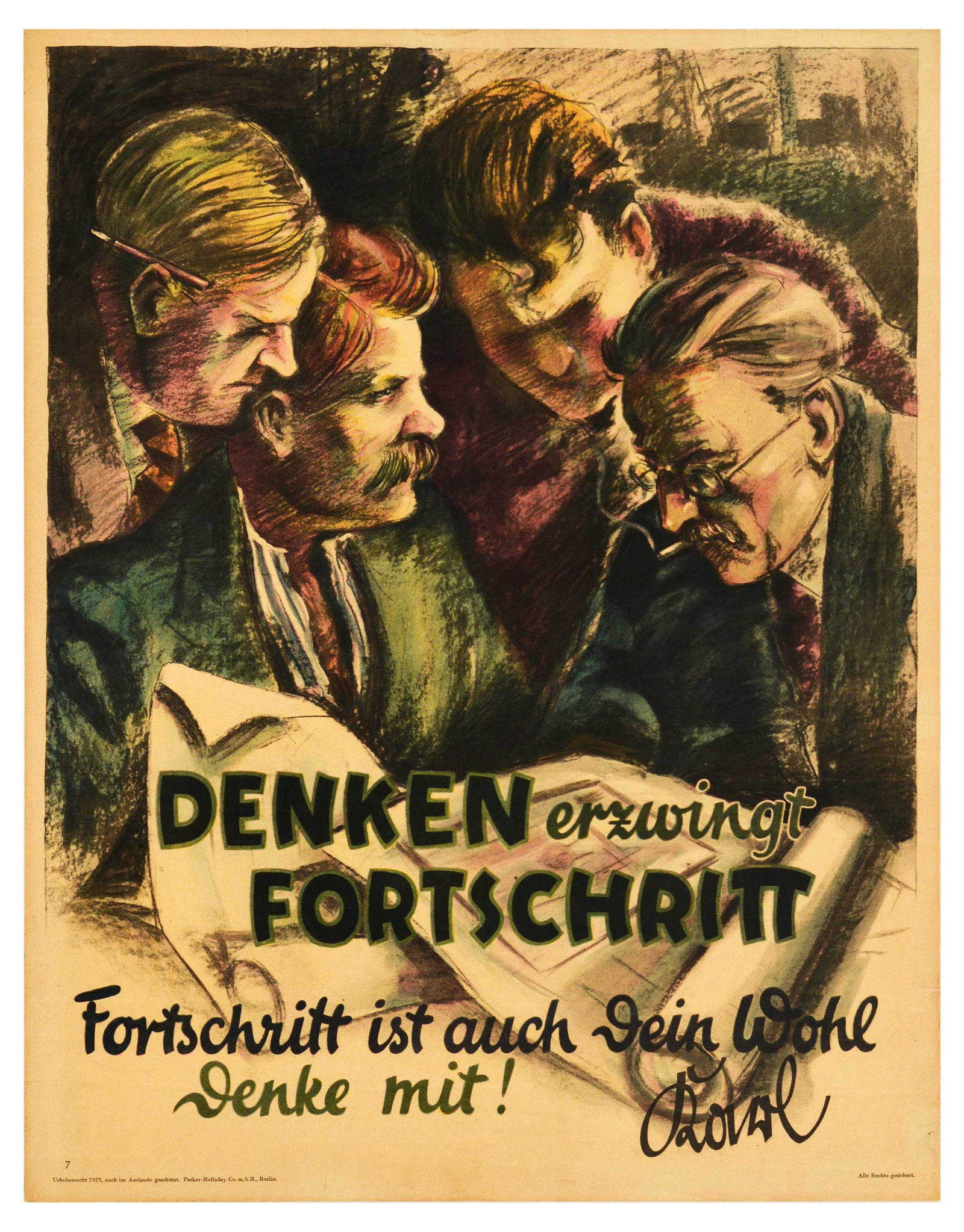 Propaganda Poster Thinking Forces Progress Denken Erzwingt Fortschritt Doval Motivation Parker: Original vintage German motivational workplace poster issued by Parker-Holladay company in Berlin. Doval was a German equivalent of Bill Jones that was created in the UK by Parker-Holladay to promote 