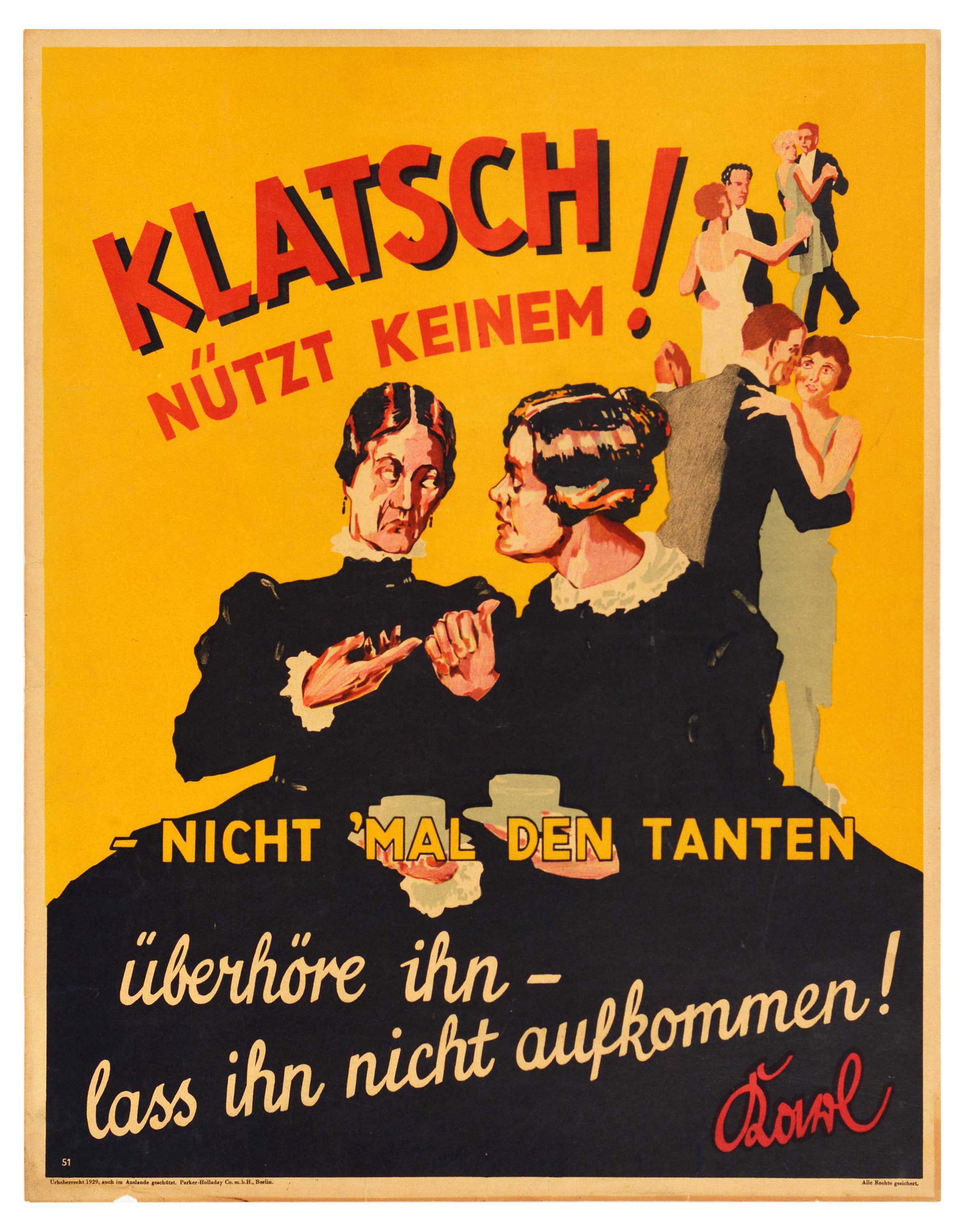 Propaganda Poster Gossip Is Useless Rumour Klatsch Nutzt Keinem Motivation Parker Holladay: Original vintage German motivational workplace poster issued by Parker-Holladay company in Berlin. Doval was a German equivalent of Bill Jones that was created in the UK by Parker-Holladay to promote 