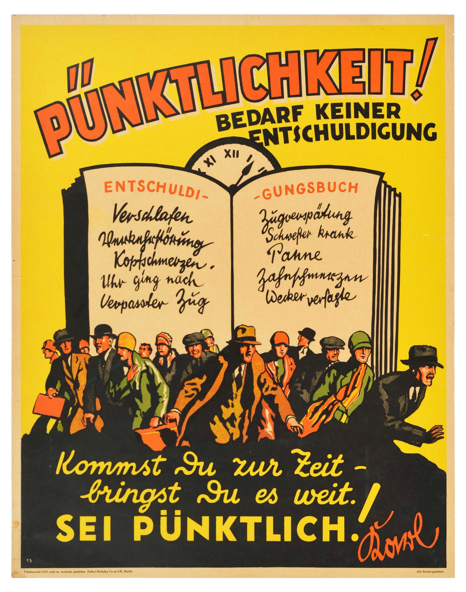 Propaganda Poster Punctuality Punktlichkeit Motivation Parker Holladay: Original vintage German motivational workplace poster issued by Parker-Holladay company in Berlin. Doval was a German equivalent of Bill Jones that was created in the UK by Parker-Holladay to promote 
