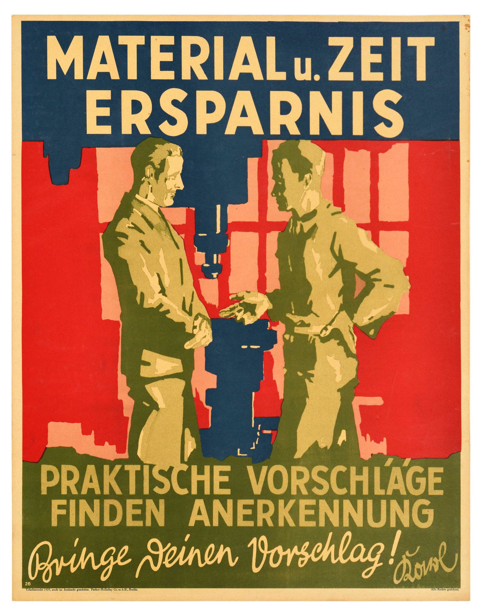 Propaganda Poster Suggestions Appreciated Doval Motvation Material U Zeit Ersparnis Parker Holladay: Original vintage German motivational workplace poster issued by Parker-Holladay company in Berlin. Doval was a German equivalent of Bill Jones that was created in the UK by Parker-Holladay to promote 