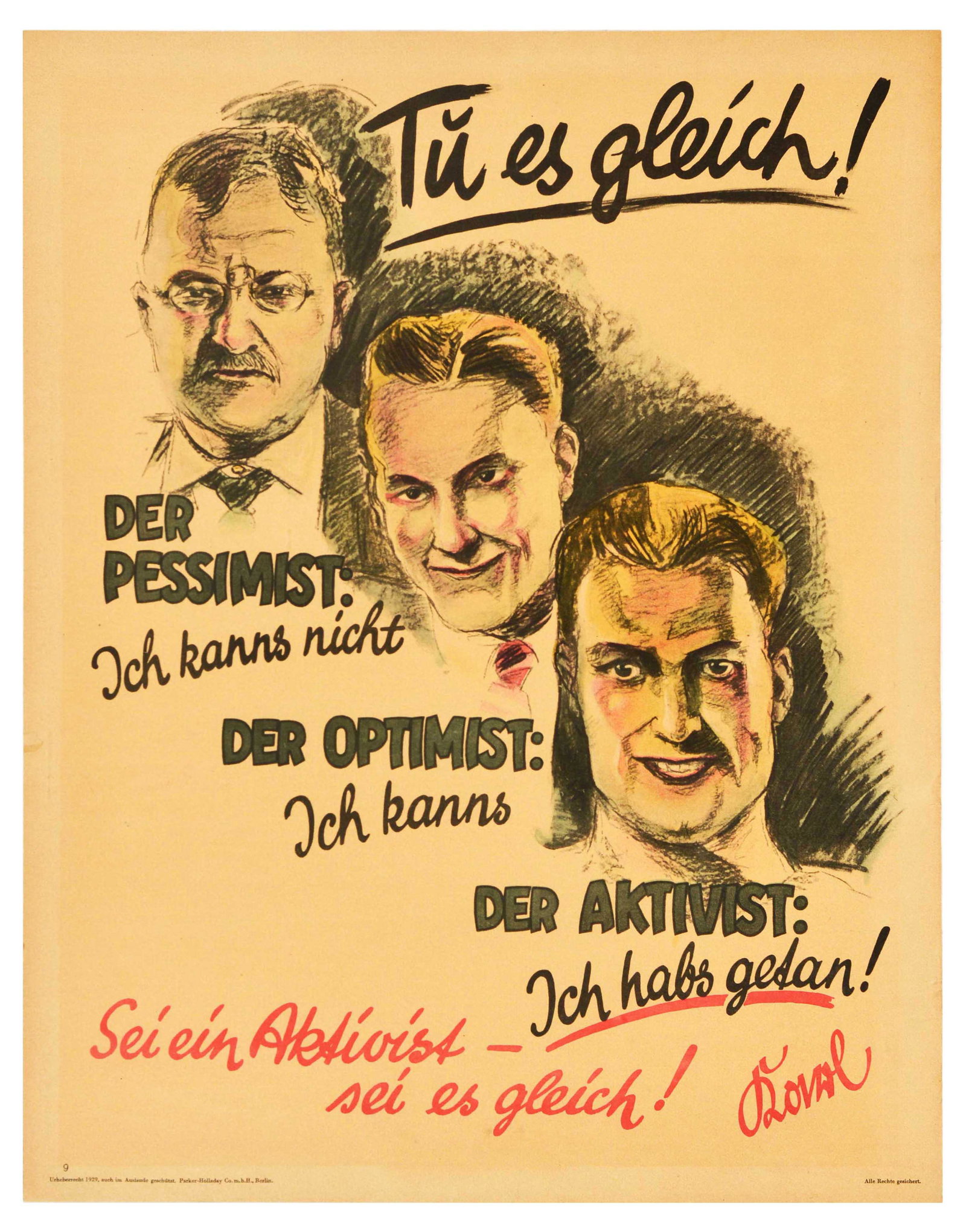 Propaganda Poster Do It Now Tu Es Gleich Activist Doval Motivation Parker Holladay: Original vintage German motivational workplace poster issued by Parker-Holladay company in Berlin. Doval was a German equivalent of Bill Jones that was created in the UK by Parker-Holladay to promote 