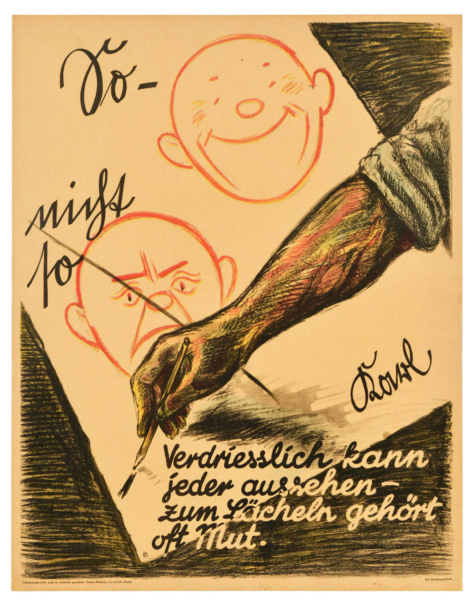 Propaganda Poster Courage To Laugh Lacheln Gehort Oft Mut Doval Motivation Parker Holladay: Original vintage German motivational workplace poster issued by Parker-Holladay company in Berlin. Doval was a German equivalent of Bill Jones that was created in the UK by Parker-Holladay to promote 