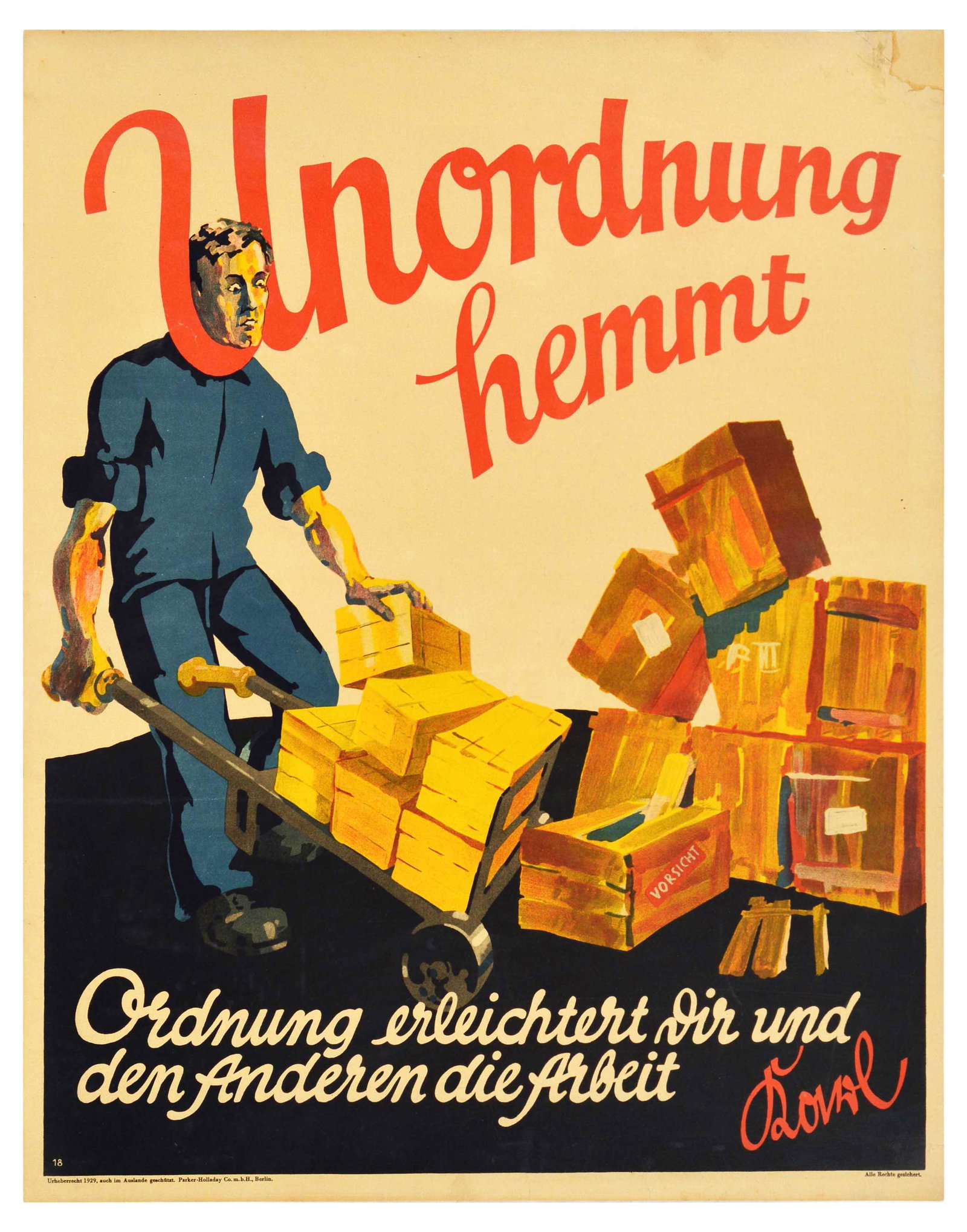 Propaganda Poster Clutter Inhibits Unordnung Hemmt Doval Motivation Parker Holladay: Original vintage German motivational workplace poster issued by Parker-Holladay company in Berlin. Doval was a German equivalent of Bill Jones that was created in the UK by Parker-Holladay to promote 