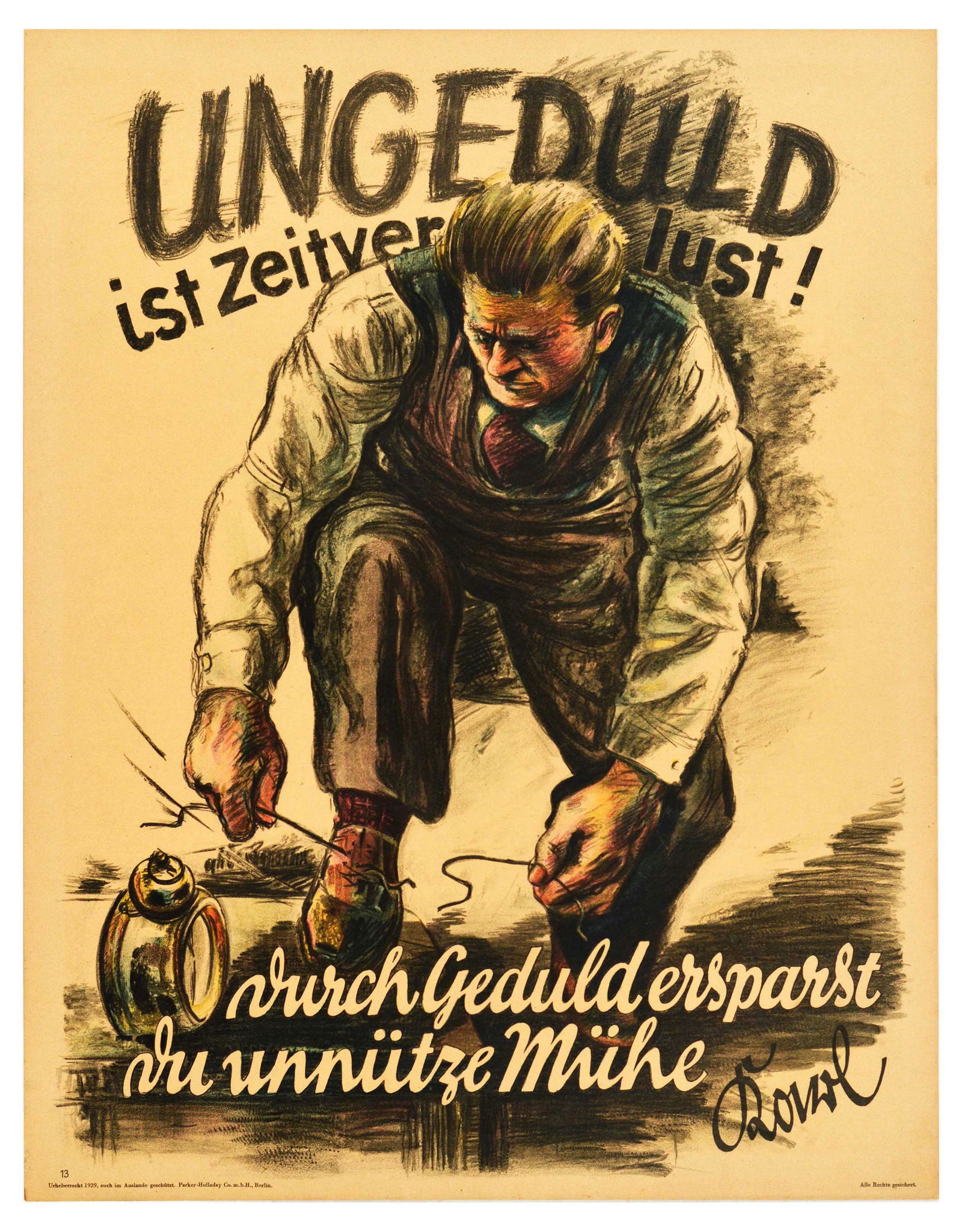 Propaganda Poster Impatience Patience Doval Motivation Parker Holladay: Original vintage German workplace poster issued by Parker-Holladay company in Berlin. Doval was a German equivalent of Bill Jones that was created in the UK by Parker-Holladay to promote the correct w