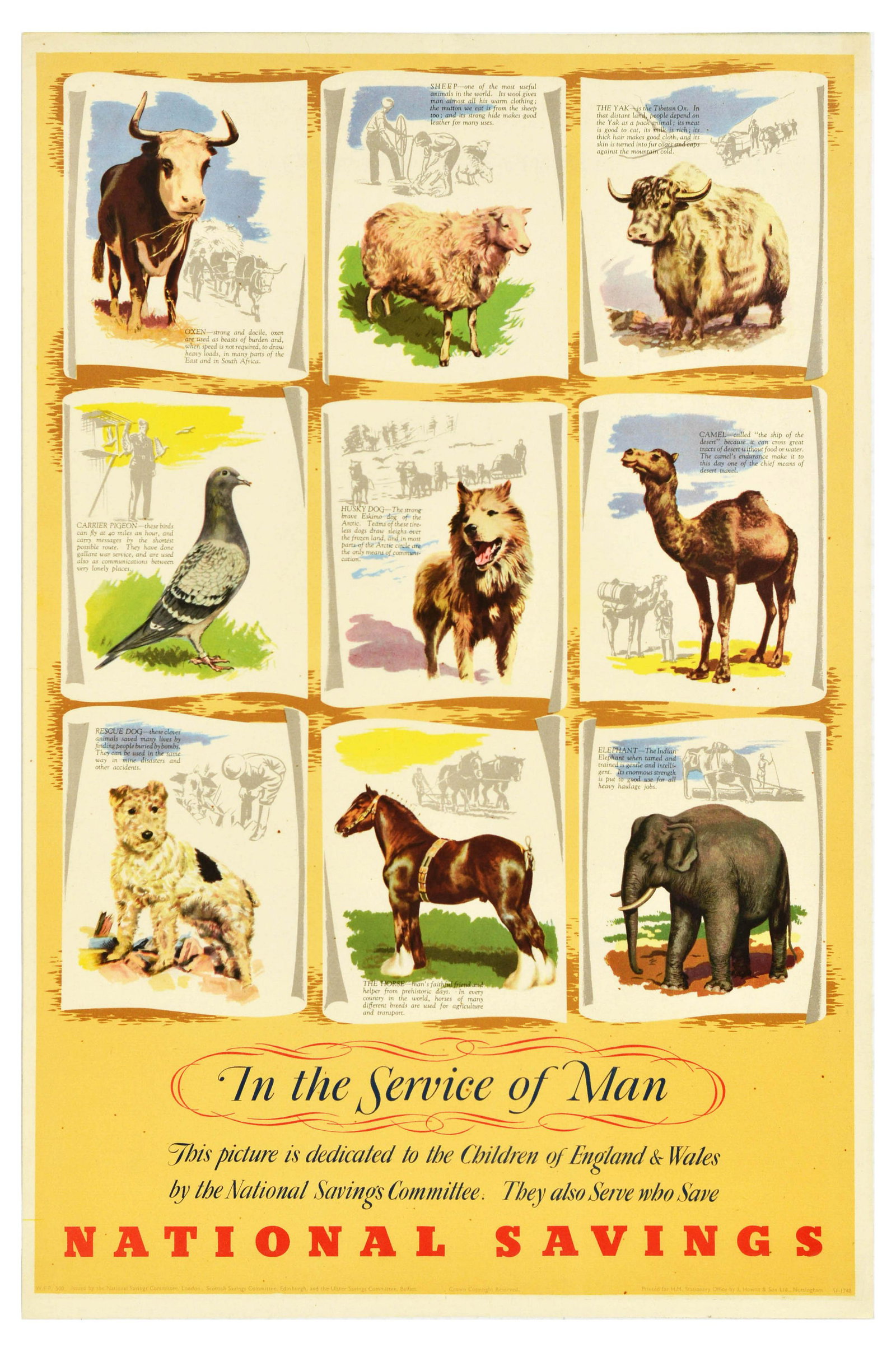 Propaganda Poster National Savings Service of Man WWII: Original vintage propaganda poster National Savings In the Service of Man - This picture is dedicated to the Children of England & Wales by the National Savings Committee. They also Serve who Save Nat