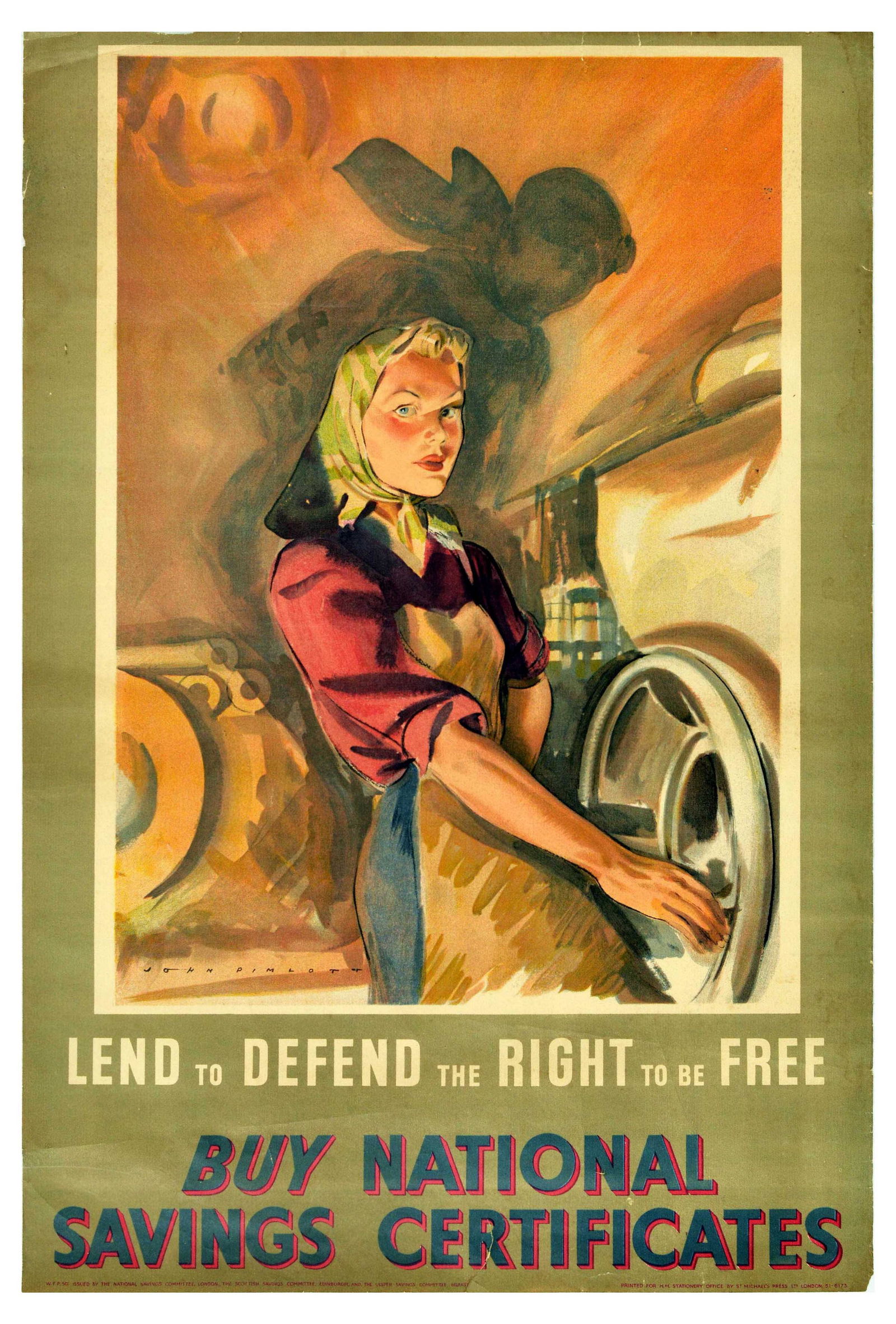 War Poster Factory Girl Home Front WWII UK National Savings: Original vintage World War Two poster: Lend to Defend the Right to Be Free - Buy National Savings Certificates. Image of a lady wearing an apron and scarf on her head working in a factory with the sha
