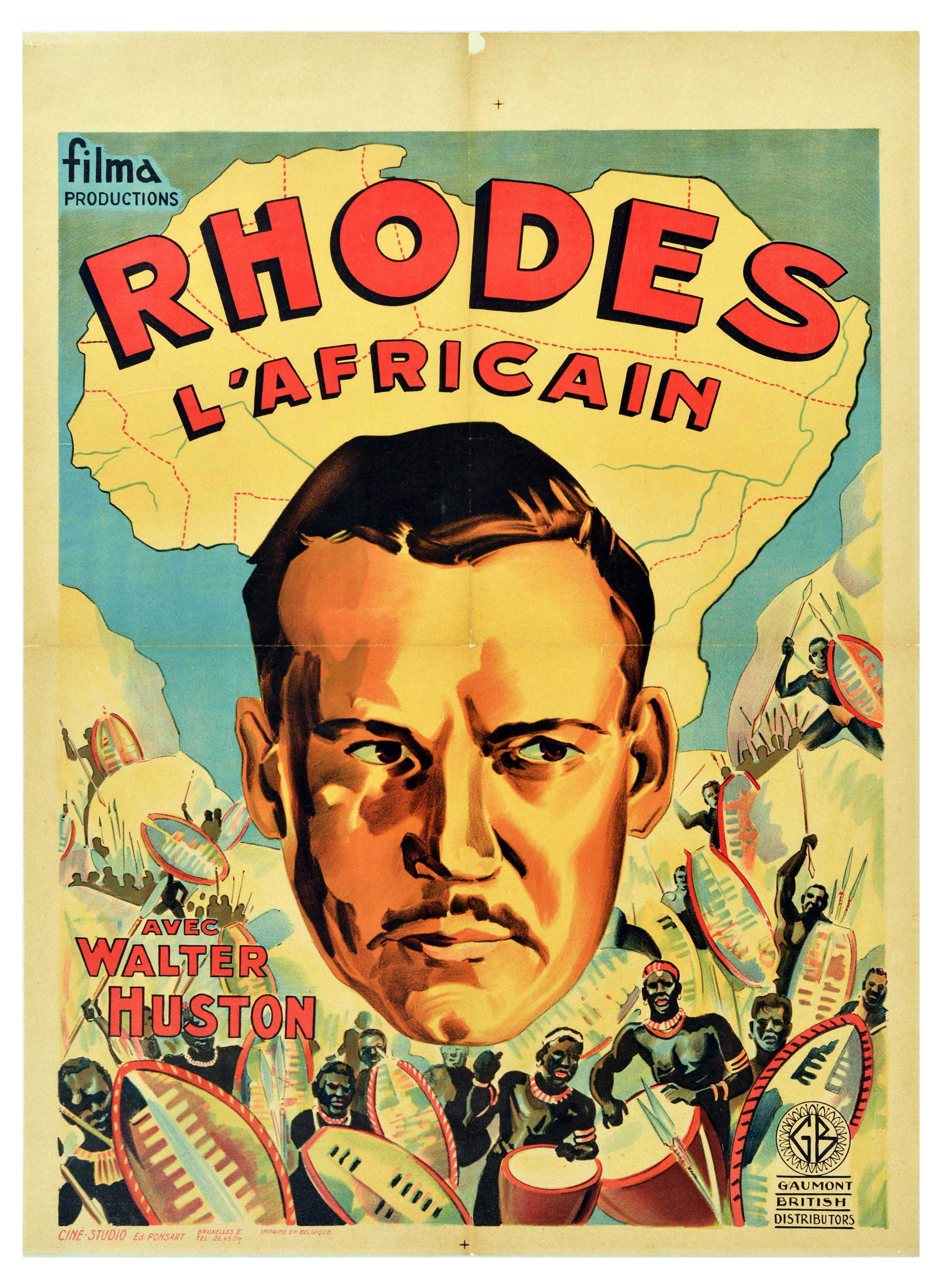 Movie Poster Rhodes of Africa Cecil Rhodes Diamond Mining Colonisation: Original vintage movie poster for a biography film Rhodes of Africa / Rhodes l'Africain, directed by Berthold Viertel and Geoffrey Barkas, starring Walter Huston as Cecil John Rhodes, the poster featu