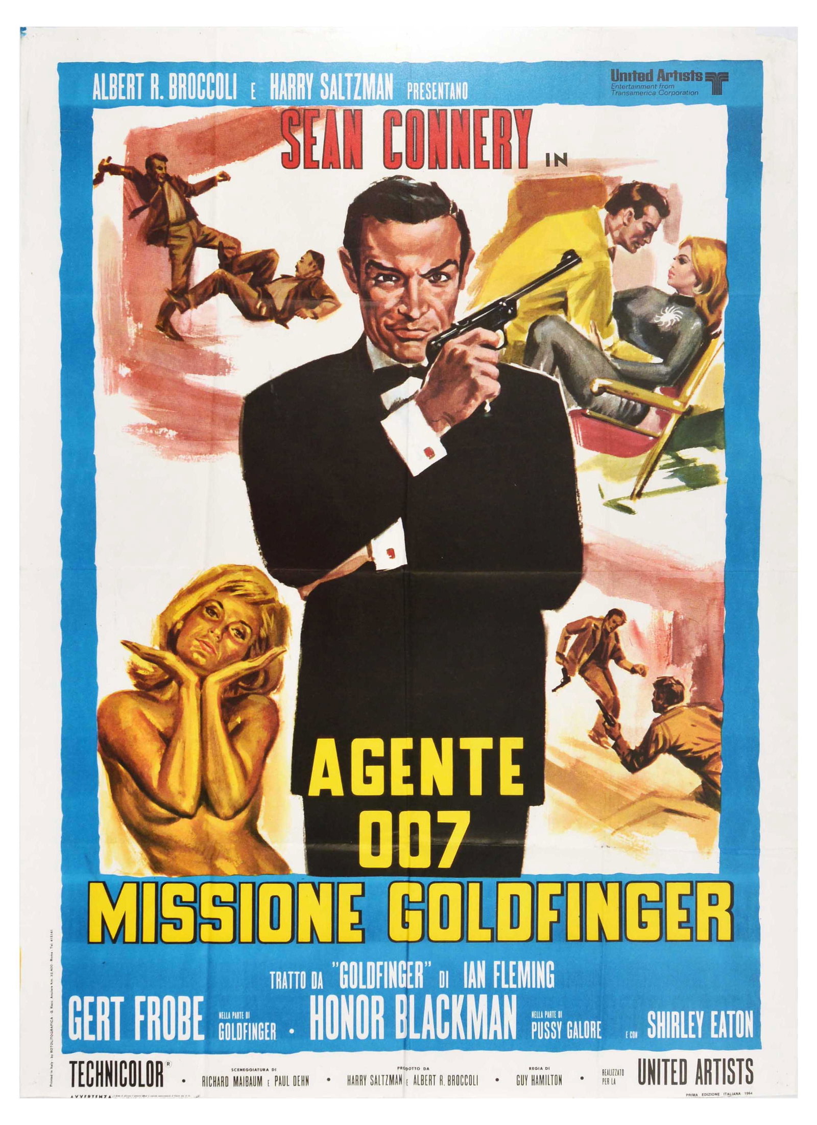Movie Poster James Bond Goldfinger Italy 007 Secret Agent: Original vintage 007 movie poster for the Italian re-release of the classic British spy thriller Goldfinger (the third film in the James Bond film series) directed by Guy Hamilton and starring Sean Co