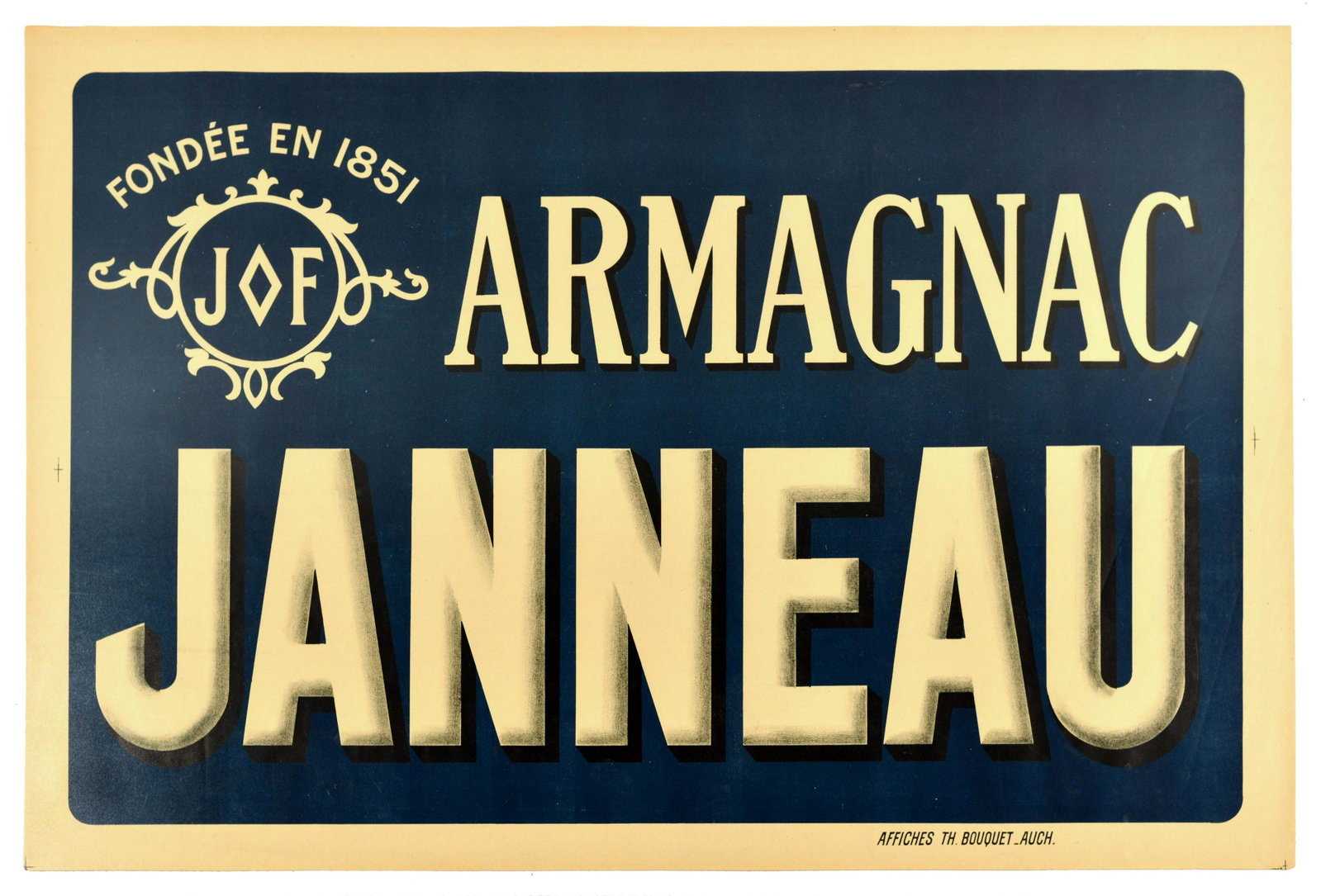 Advertising Poster Advertising Poster Armagnac Janneau France Alcohol: Original vintage drink advertising poster for Armagnac Janneau featuring the bold lettering with the Fondee 1851 logo against a deep blue background. Horizontal text only design. Armagnac is a type of