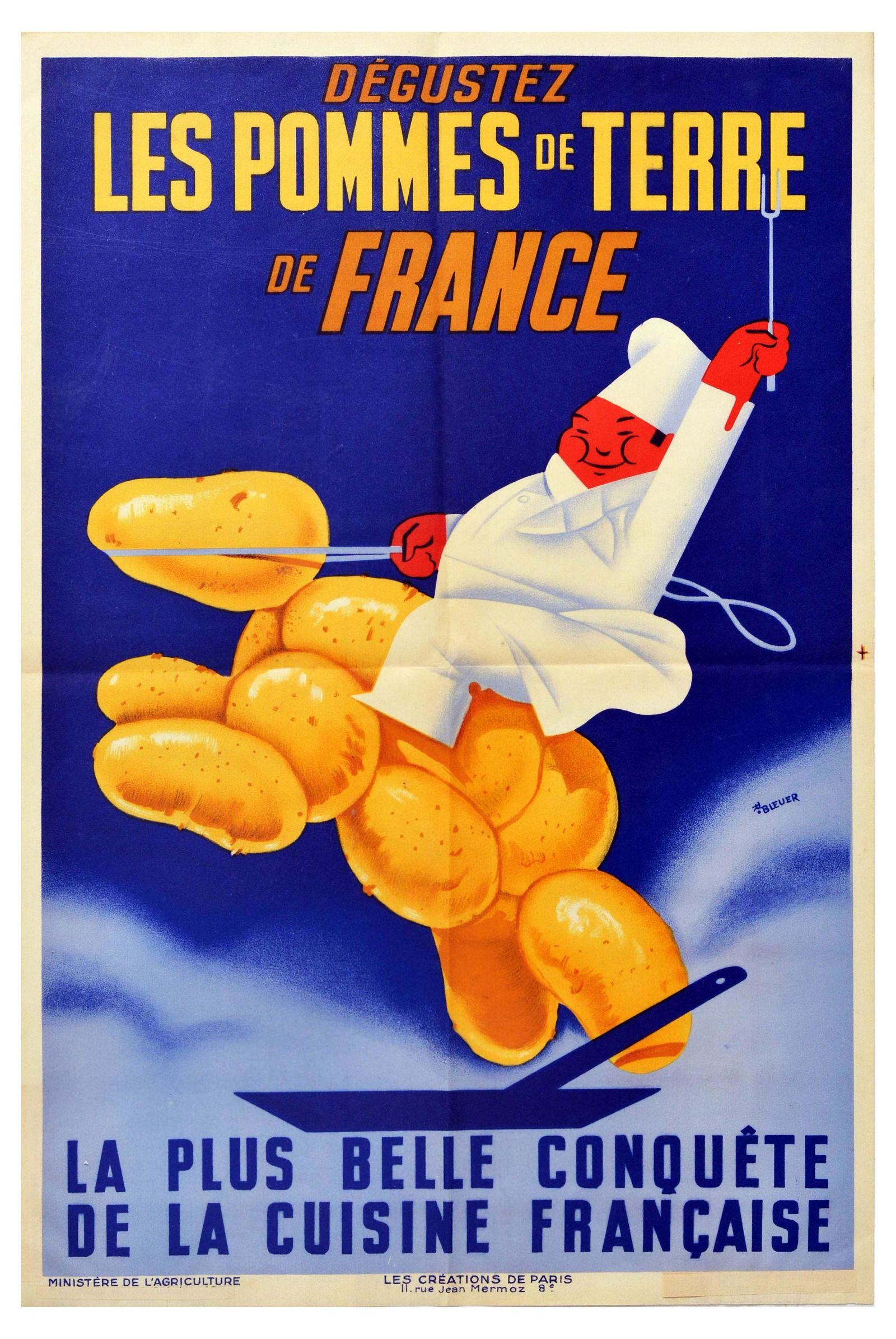 Advertising Poster Potatoes Of France Cuisine Francaise: Original vintage food advertising poster - Enjoy the Potatoes of France / Degustez Les Pommes De Terre De France â€“ featuring a fun and colourful illustration of a smiling chef wearing a white u