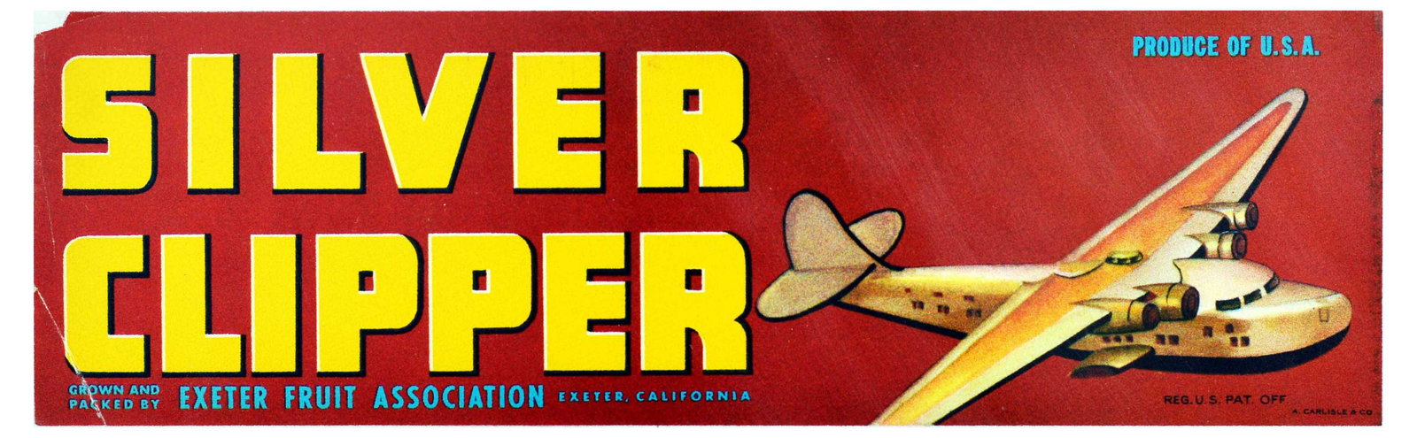 Advertising Poster Silver Clipper Flying Boat Exeter Fruit California USA: Original vintage fruit crate label poster Silver Clipper - Grown and packed by Exeter Fruit Association in California - Design features a clipper boat plane flying on a red background alongside bold y
