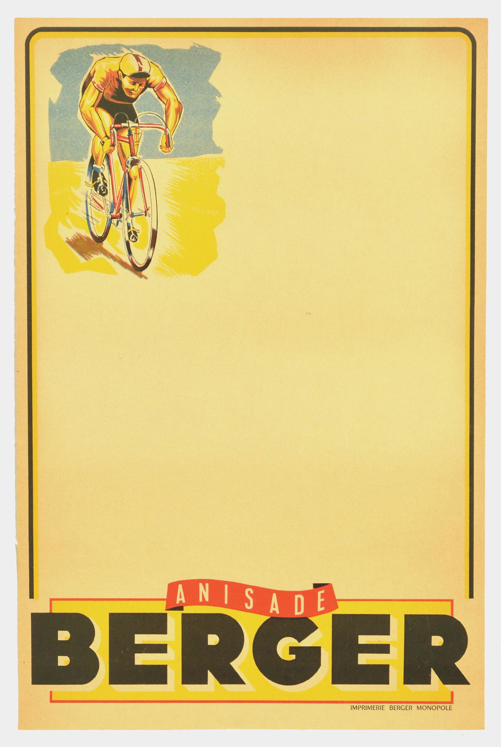 Advertising Poster Anisade Berger Liquor Drink Aperitif Cycling: Original vintage advertising poster for the French aperitif drink Anisade Berger, featuring a dynamic image of a racing cyclist set over blank light background. Printed by Berger Monopole. Very good c