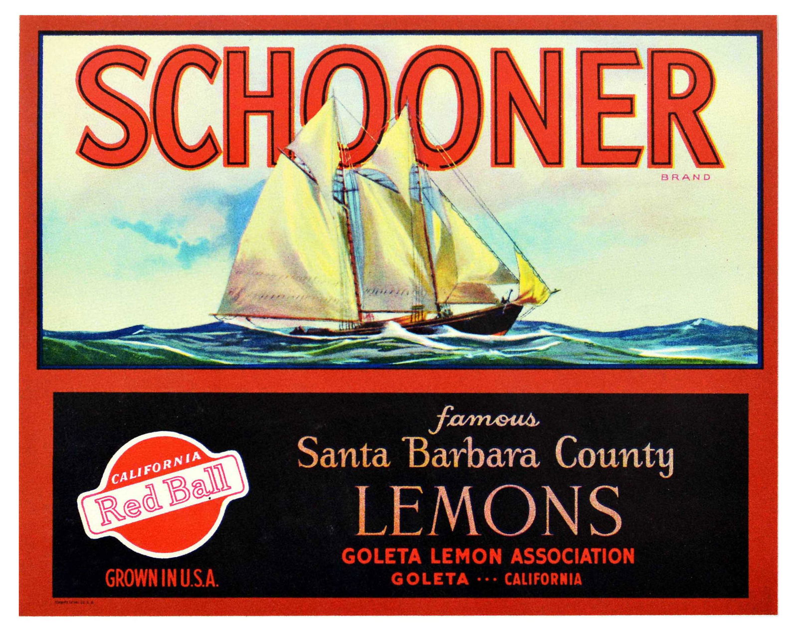 Advertising Poster Schooner Lemons Fruit Ship Santa Barbara USA: Original vintage fruit crate label poster for Schooner brand famous Santa Barbara County Lemons - Design features ship with large sails on a choppy sea below bold red lettering. Logo for California Re