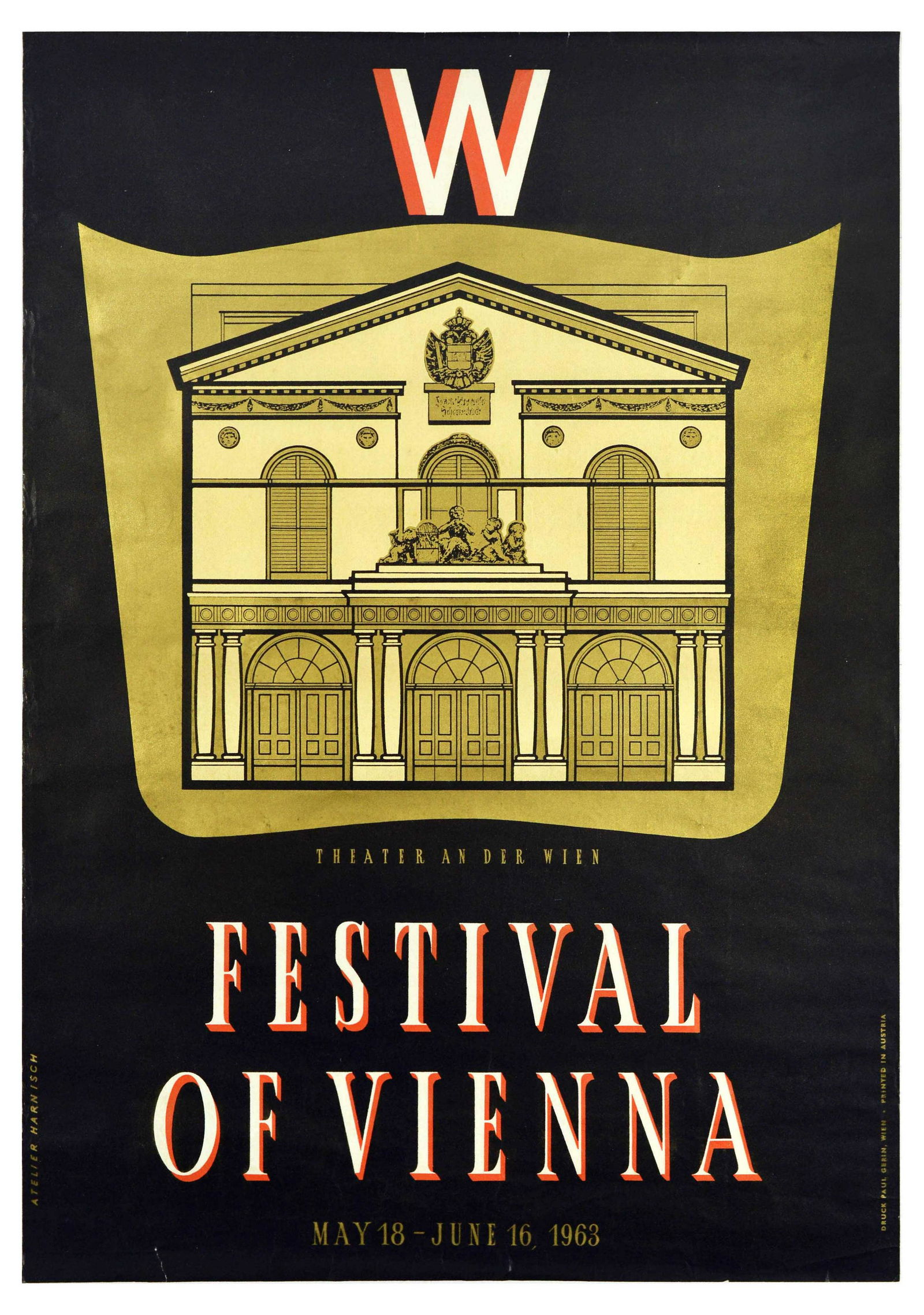 Advertising Poster Theatre Festival Vienna Wien Austria: Original vintage advertising poster for Theater an der Wien Festival of Vienna May 18 - June 16, 1963, featuring an illustration of a theatre building with column and cherub decorations and large lett