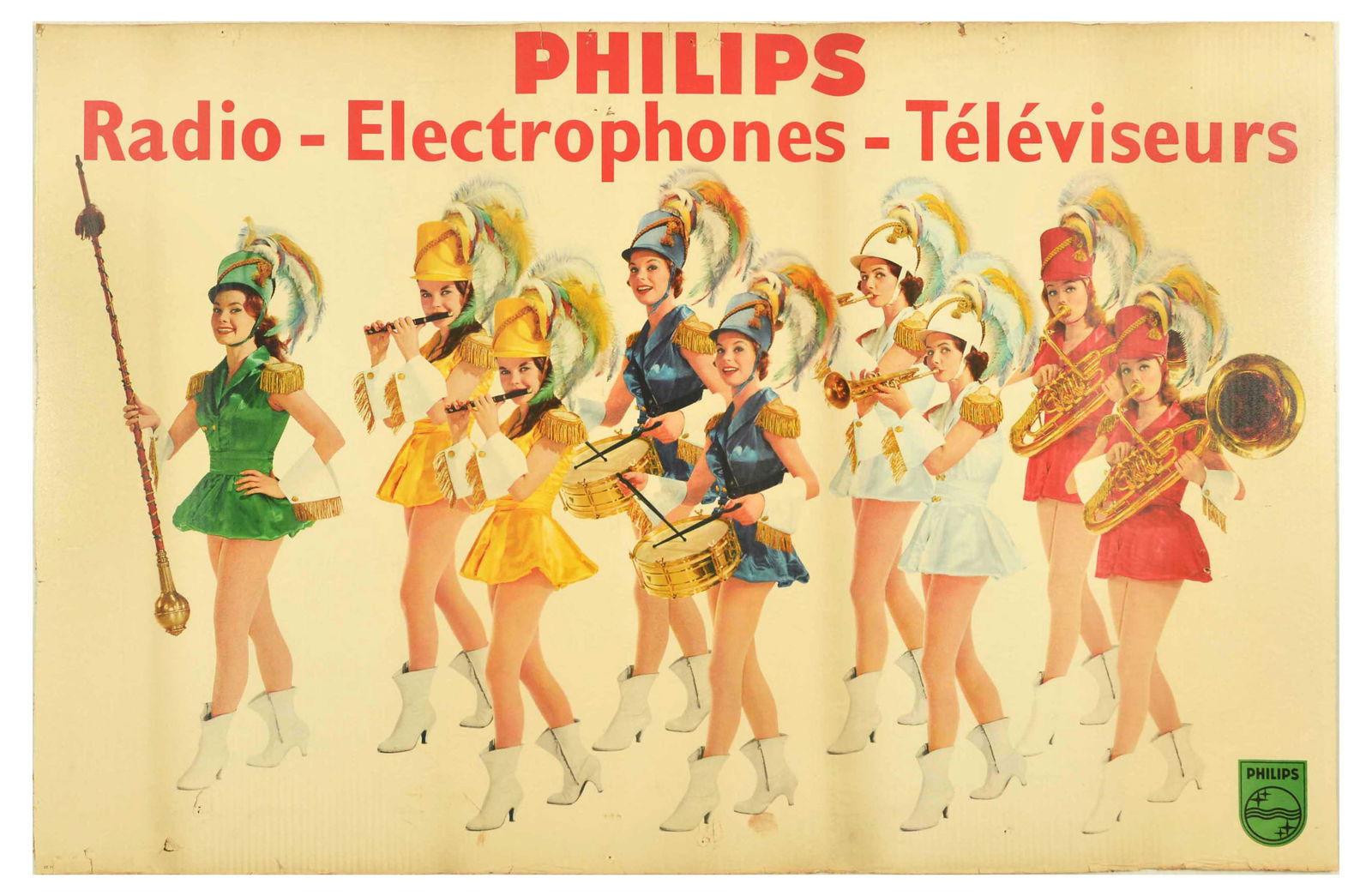Advertising Poster Philips Radio Pinup Marching Band: Original vintage advertising poster issued by Phillips to promote its products in France and Belgium - Phillips Radio Electrophones Televiseurs - Phillips Radio Telephones Televisions. Fun image of ma