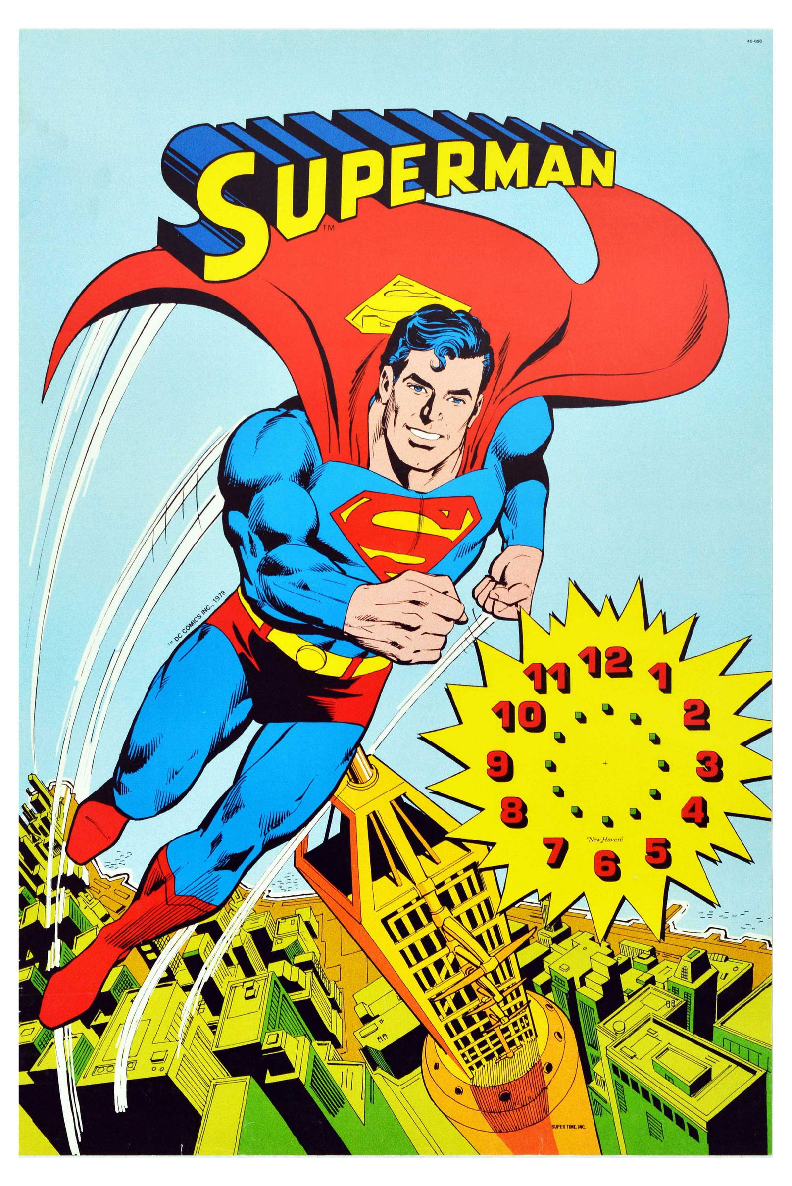 Advertising Poster Superman Clock DC Comics: Original vintage Superman poster featuring the iconic American superhero flying through the sky with the Metropolis skyline beneath him. This poster was originally supplied with a clock that would be