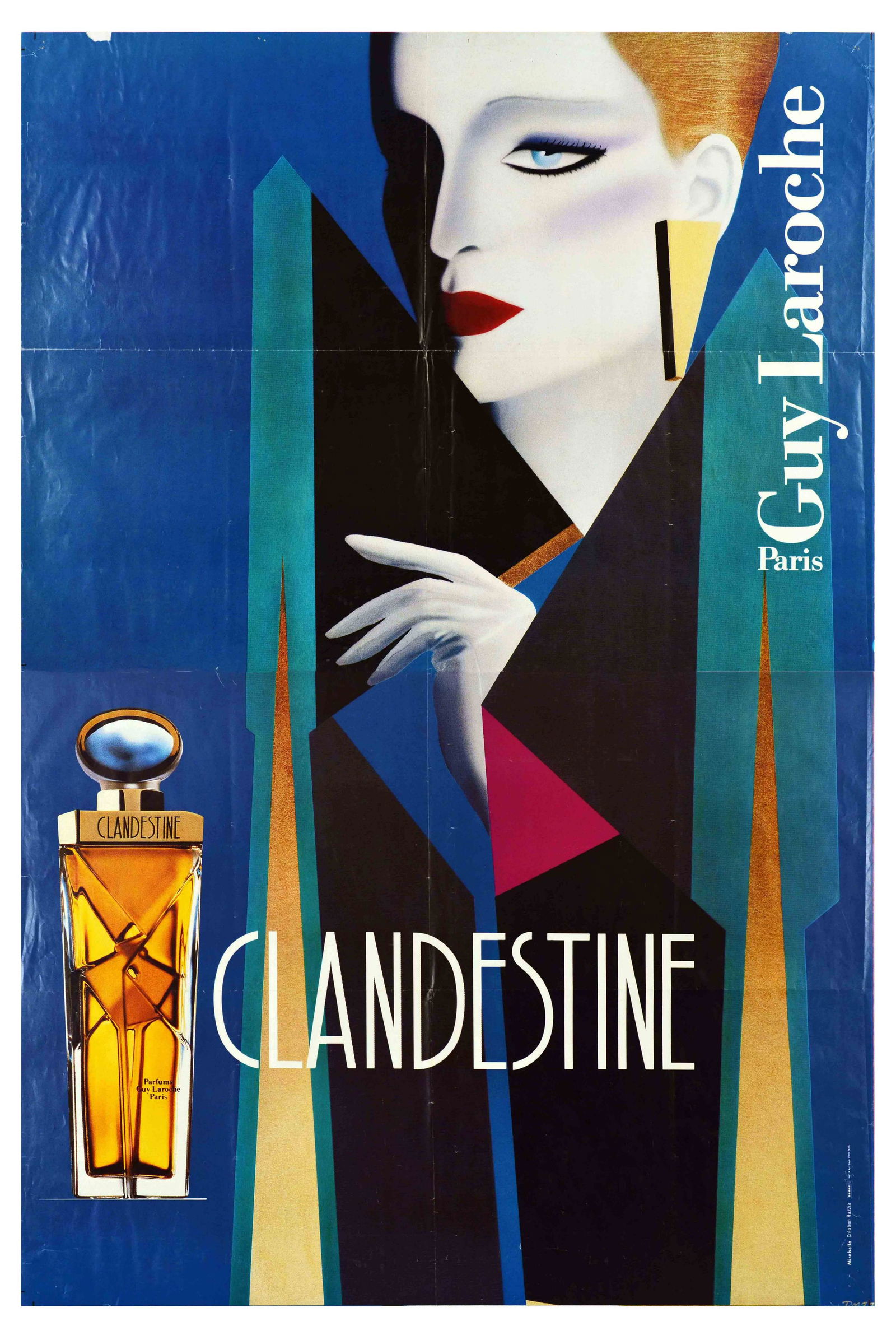 Advertising Poster Guy Laroche Clandestine Paris Perfume Fashion House: Original vintage advertising poster for Clandestine perfume by Guy Laroche, featuring a stunning illustration of a lady in black, blue, and pink stylised clothing mimicking the perfume bottles design,